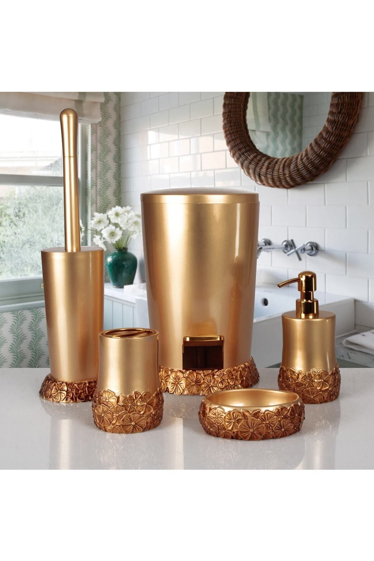 Genel Markalar Altın Banafşe 5 Parça Banyo Aksesuar Seti - Gold Plastik 5 Parça