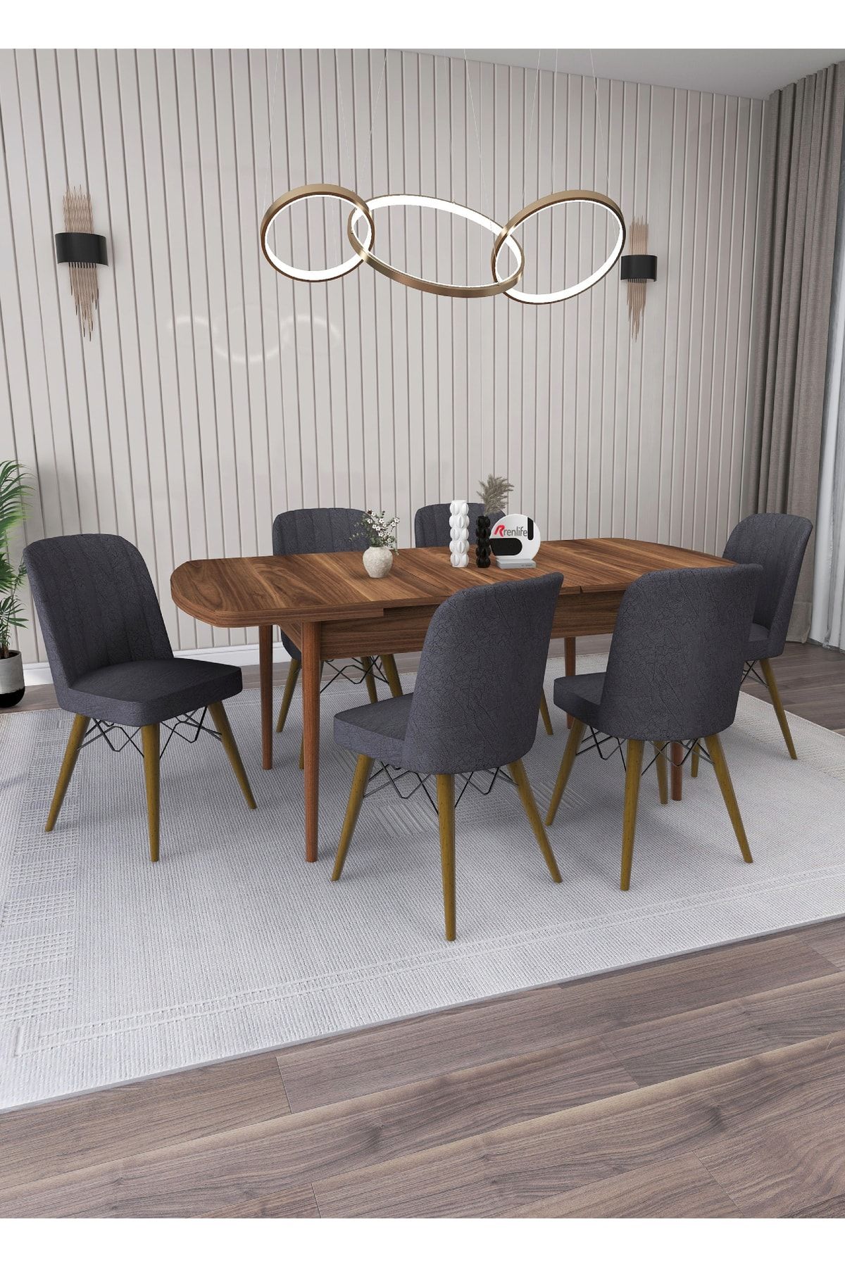 Renlife Yemek Masası Masa Sandalye Takımı Salon Masası Açılabilir 6 Kişilik (KEMENÇE-KOYU GRİ SANDALYE )