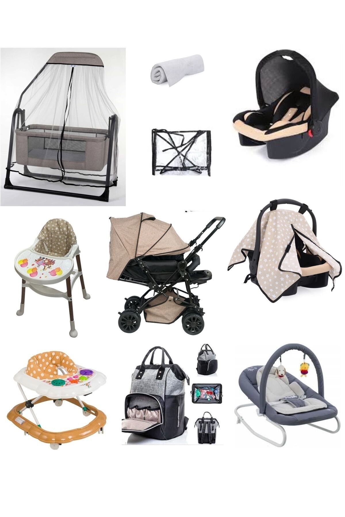 LETS GO BABY Bebek Çeyiz Seti 10parça Çift Yön Bebek Arabası Beşik Ana Kucağı Yürüteç Çanta Puset Mama Sandalyesi