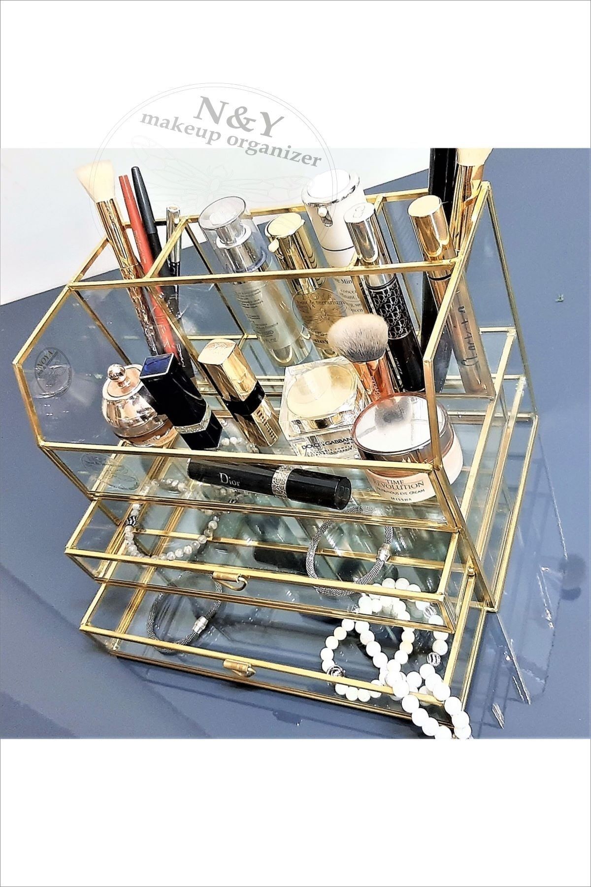 N&Y makeup organizer Paris Serisi brass glass çift çekmeceli makyaj organizeri (28 cm)