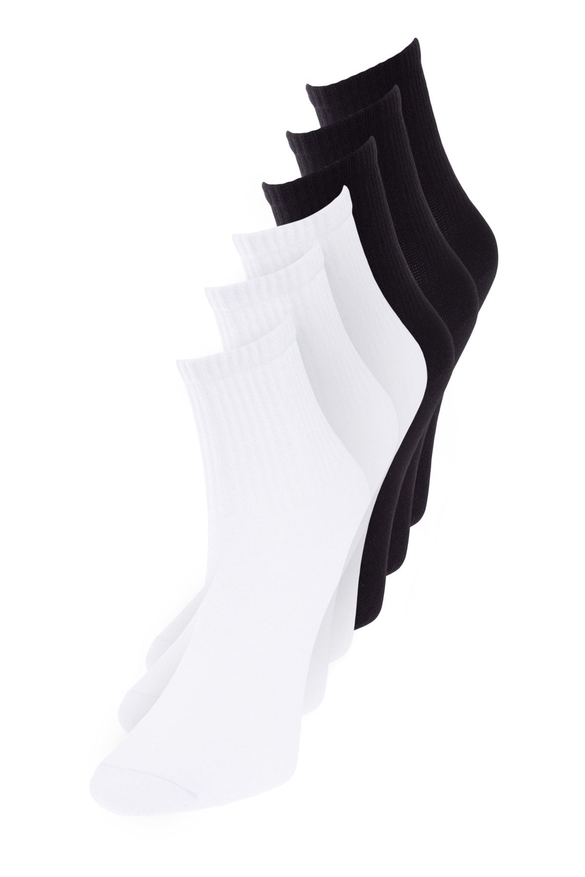 TRENDYOLMİLLA Siyah-Beyaz 6'lı Paket Pamuklu Fitilli Örme Çorap THMAW24CO00022