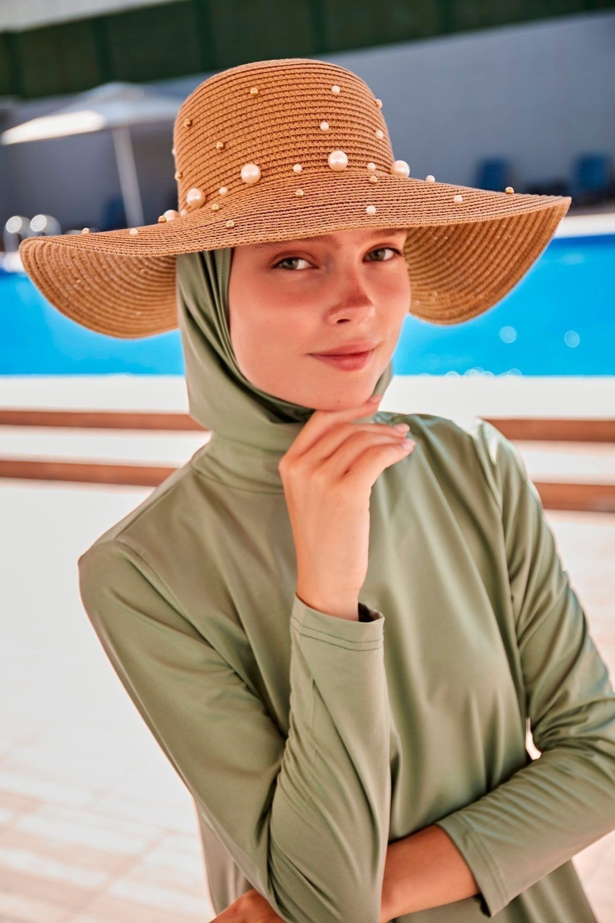 Marina İncili Camel Geniş Hasır Şapka 1423210