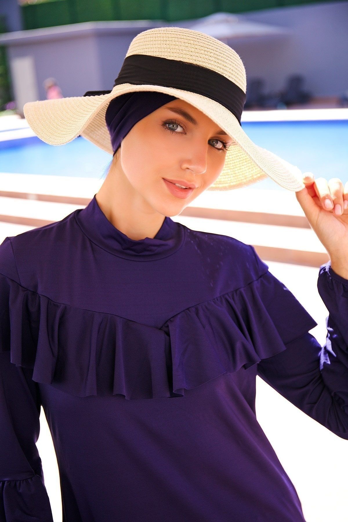 Marina Fiyonklu Bej Geniş Hasır Şapka 1423218