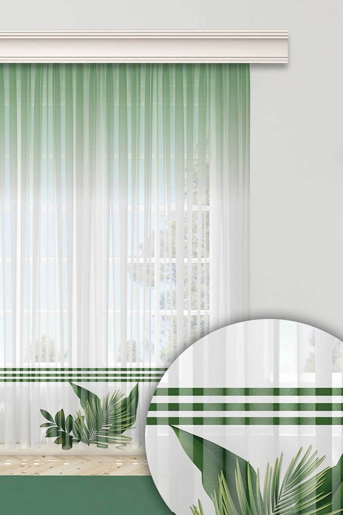 Grandgri Yeşil Beyaz Renk Geçişli Yaprak Desenli Baskılı Salon Tül Perde
