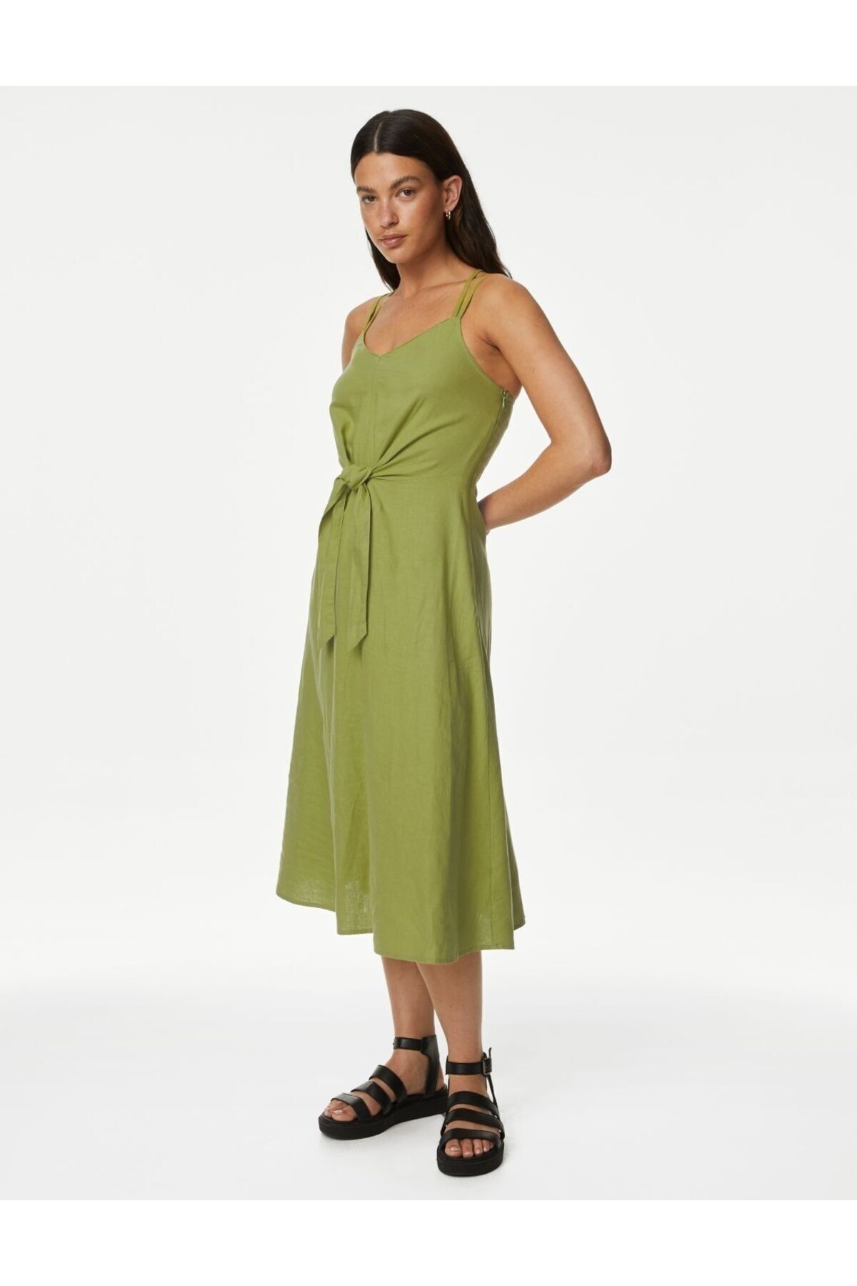 Marks & Spencer Bağlama Detaylı Midi Keten Elbise