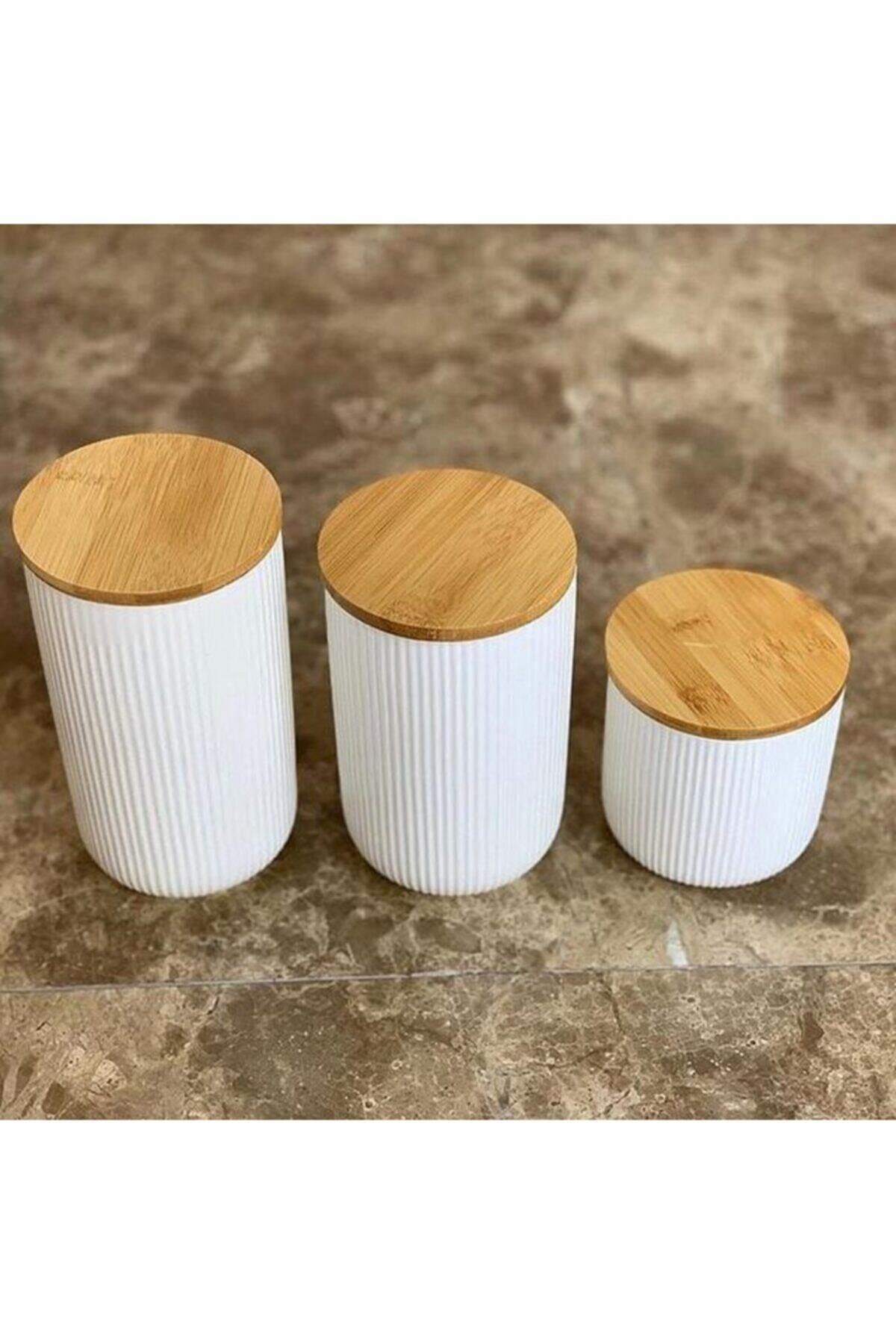 AROW Bambu Kapaklı Porselen Beyaz Saklama Kavanoz 3 'lü