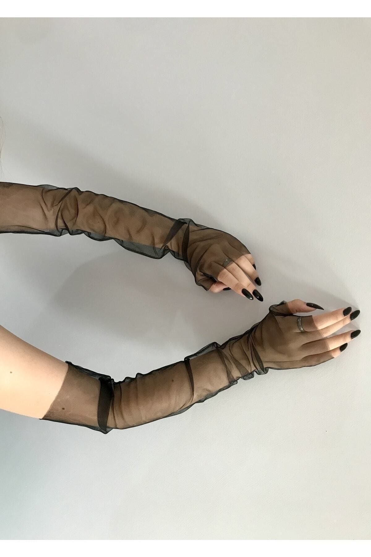 VENÜS MODA by Pınar Siyah Uzun Tül Eldiven Parmaksız Abiye Eldiveni Kostüm Aksesuar