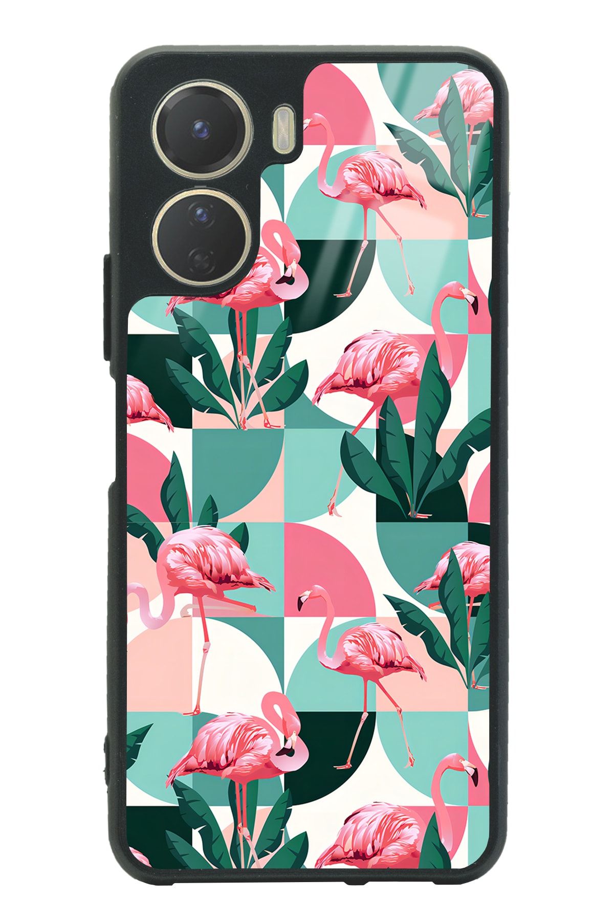 Spoyi Vivo Y16 Retro Flamingo Duvar kağıdı Tasarımlı Glossy Telefon Kılıfı