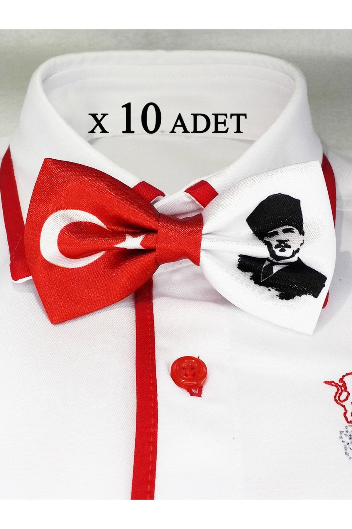 GallanD Atatürk Türk Bayraklı Kırmızı Beyaz Çocuk Saten Tören Günü Özel Gün Pratik Lastikli Papyon 10'lu