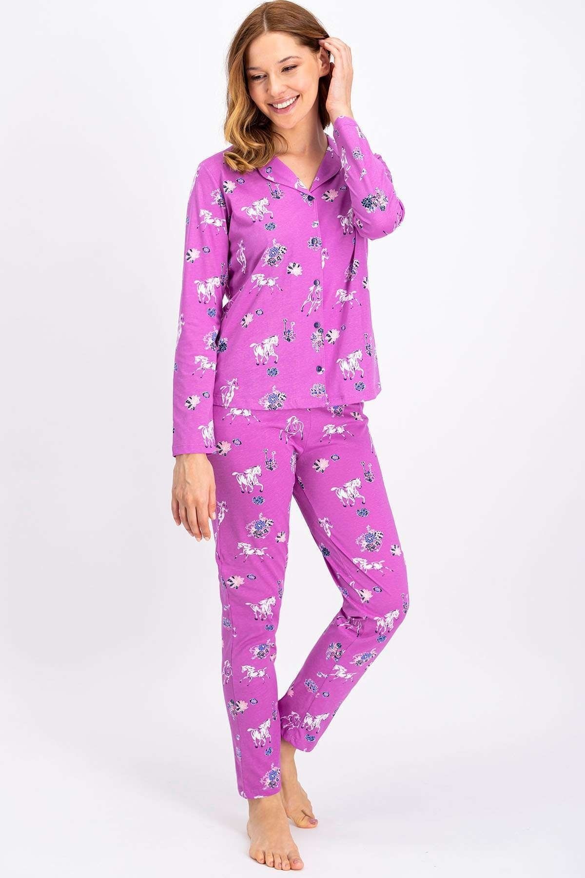 Arnetta Orkide Düğmeli Kadın Gömlek Pijama Takımı