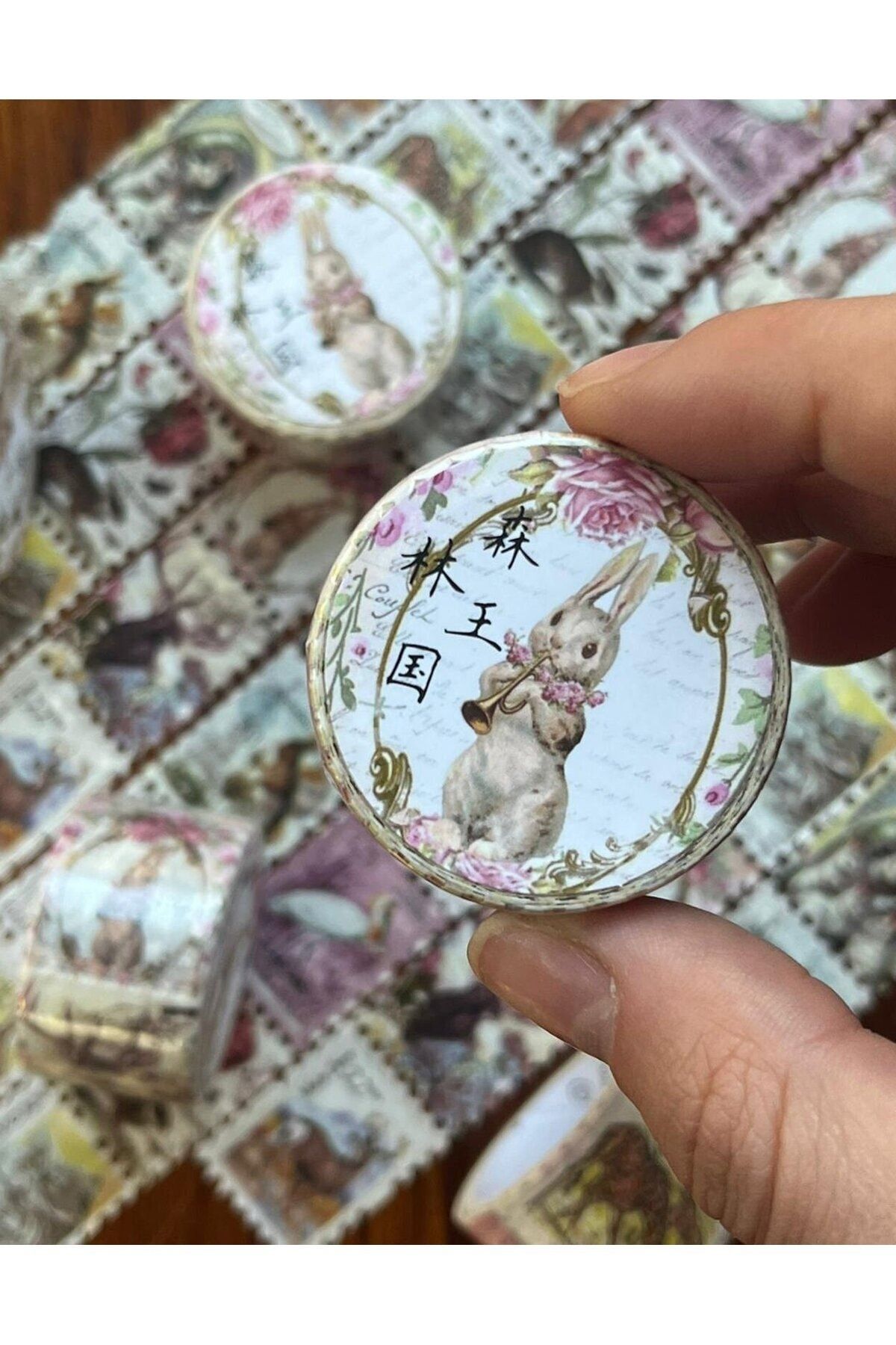 Kağıt Gemi Dükkan Tavşan Desenli Tek Tek Çıkartmalı Pul Washi Bant / Sticker / Çıkartma/bullet Journal/ Defter Süsleme
