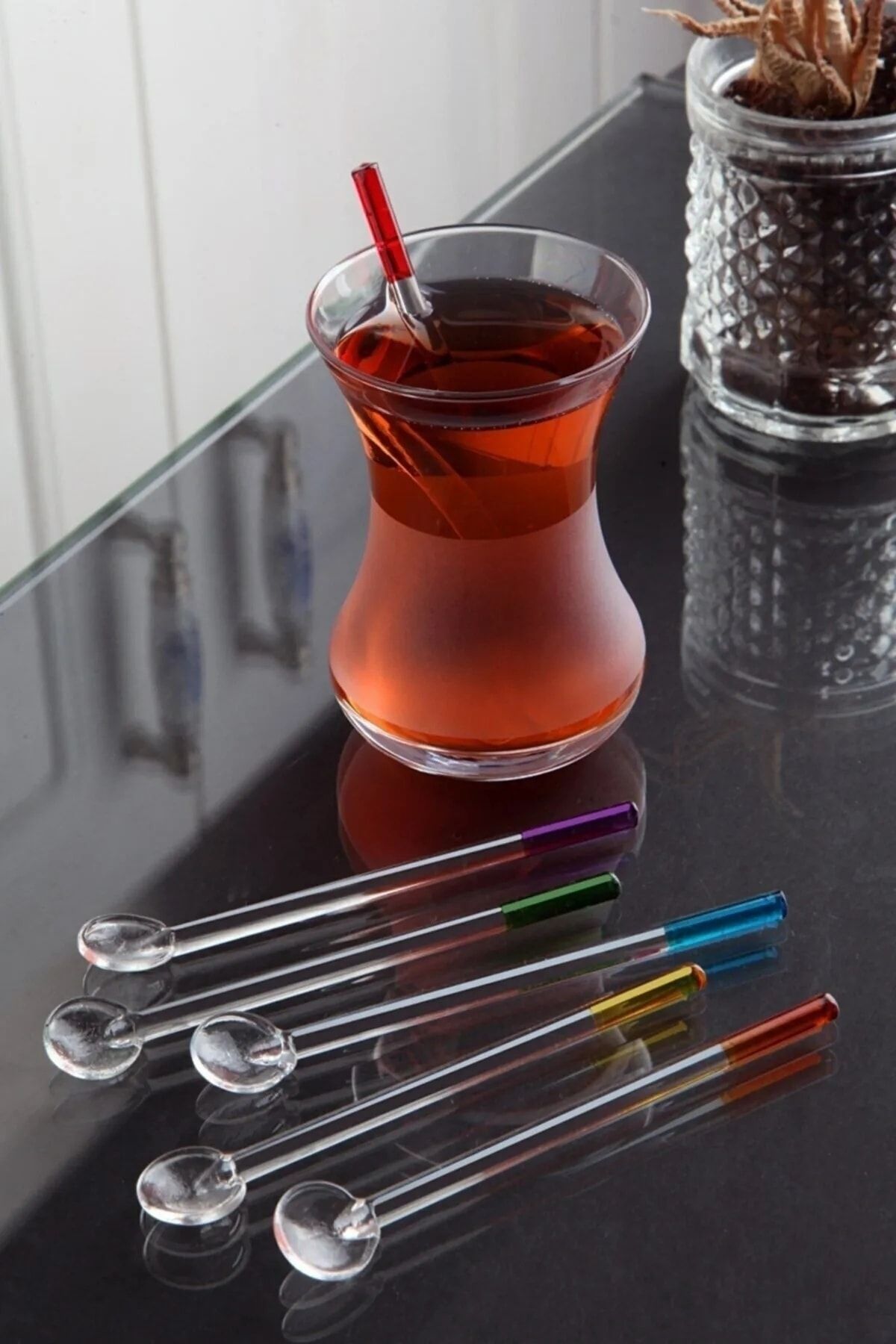 wallartkon Dekoratif Şık Tasarımlı Cam Çay Kaşığı 6 Adet Set Servis Sunum Kaşığı
