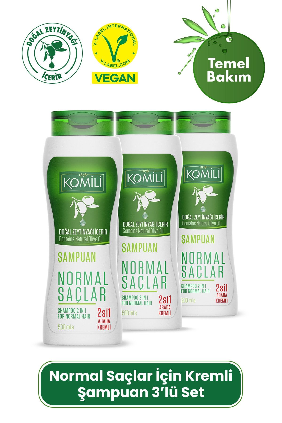 Komili Normal Saçlar İçin 2'si 1 Arada Kremli Vegan Temel Bakım Şampuanı 3'lü Set- - 3 X 500 ML