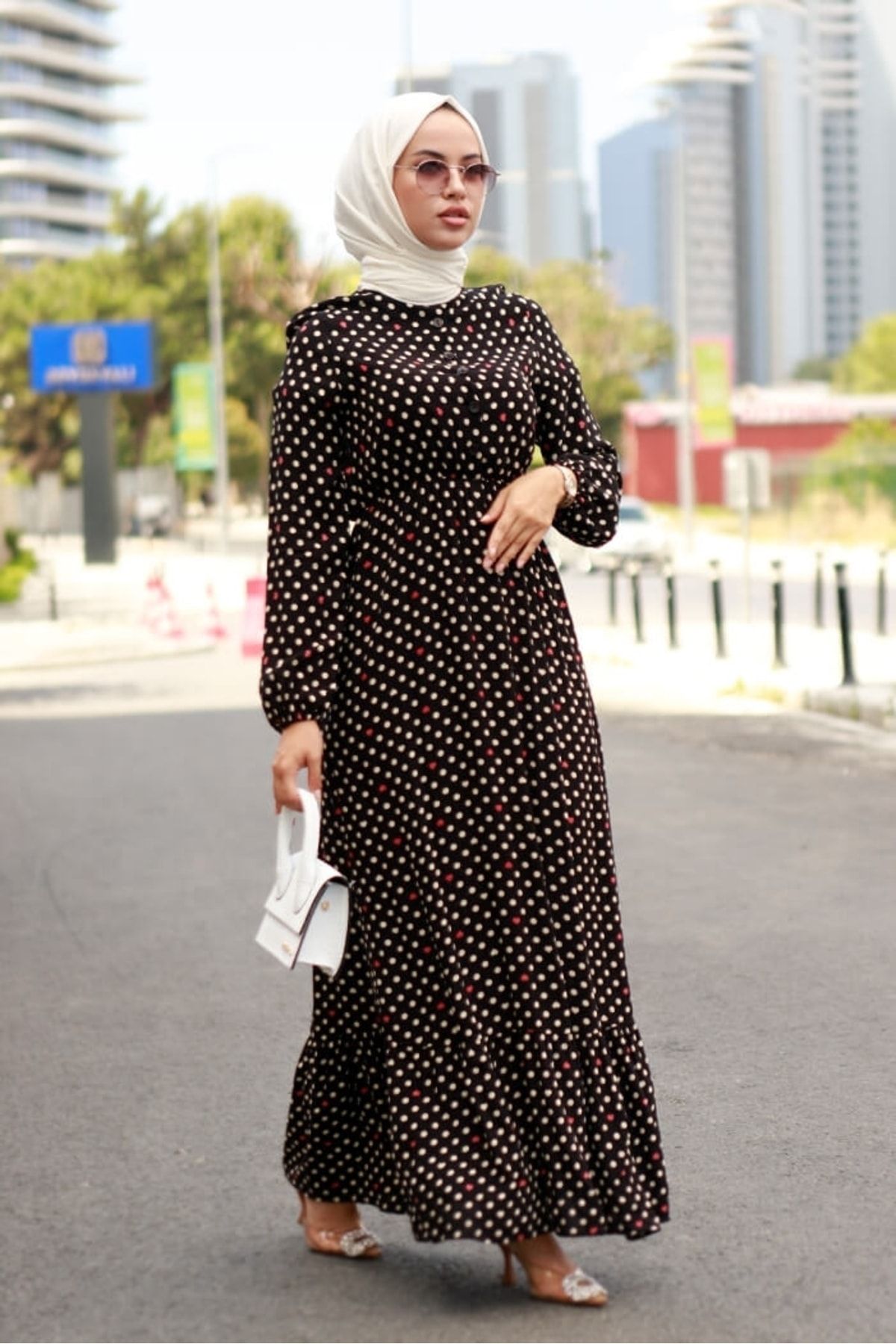 Bestenur Kalpli Puantiyeli Dokuma Elbise - Siyah