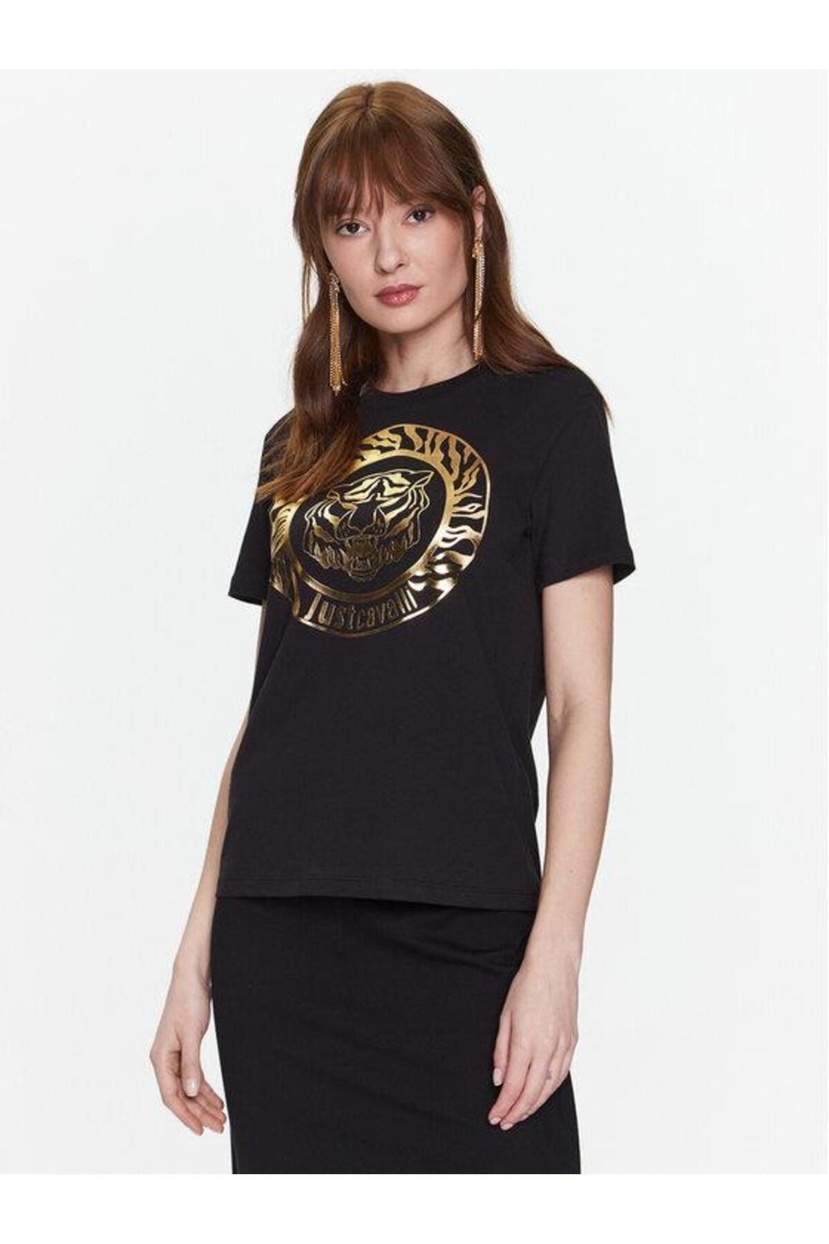 Just Cavalli Kadın T-Shirt 74MW610 R TIGER ROUND GOLD