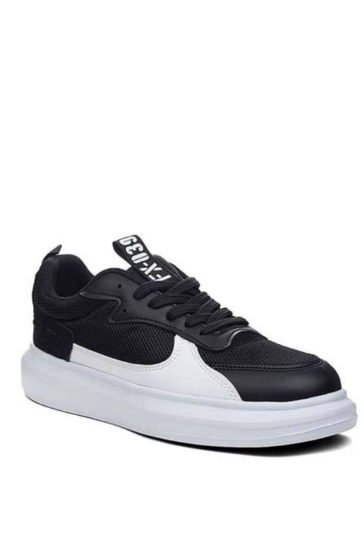 Mega Erkek Siyah Beyaz Casual Platform Sneaker Spor Ayakkabı