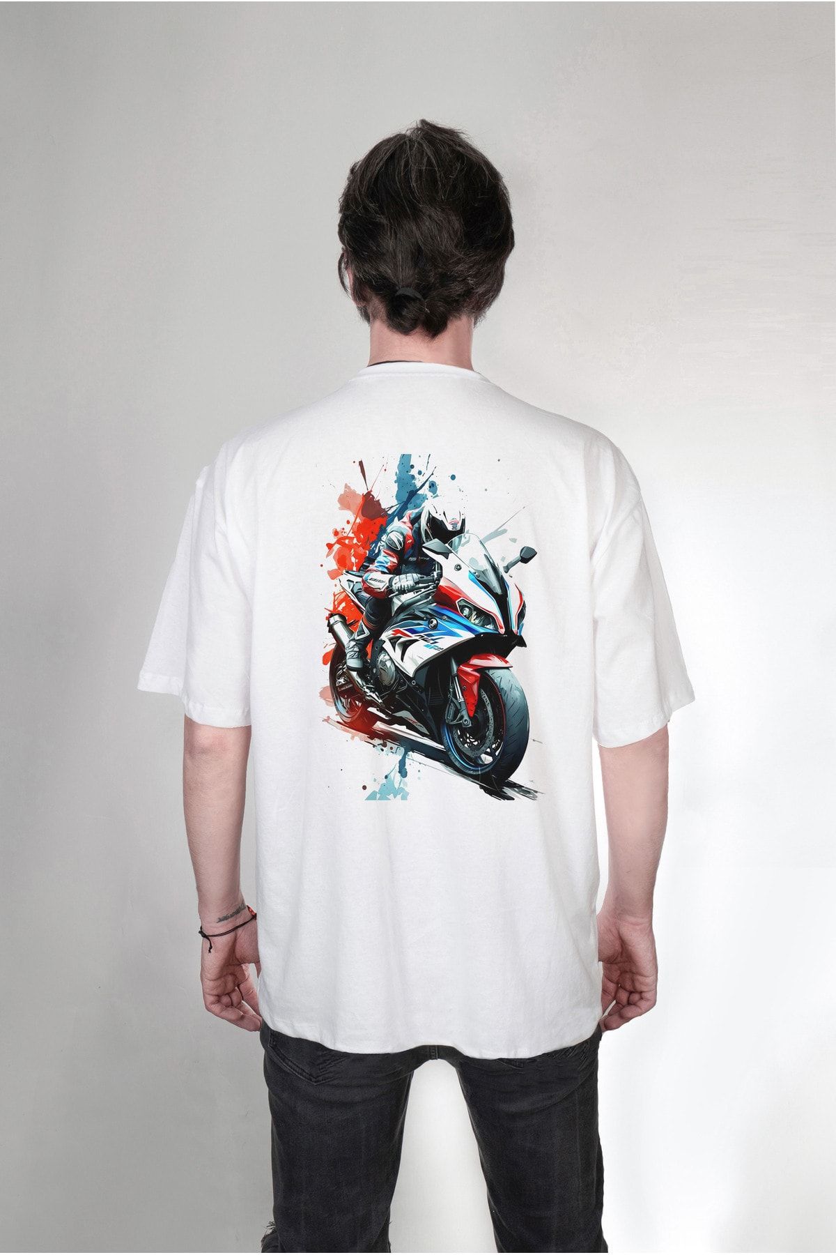 Darkia Motorcu Özel Tasarım Baskılı Beyaz Çift Taraflı Ovesize Tişört T-shirt