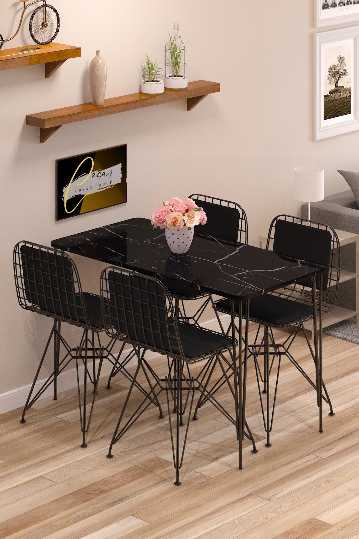 Cosargroup Yemek Masa Takımı Mutfak Masası Sırt Minderli 4 Adet Tel Sandalye 1 Adet Masa 60x120 Siyah