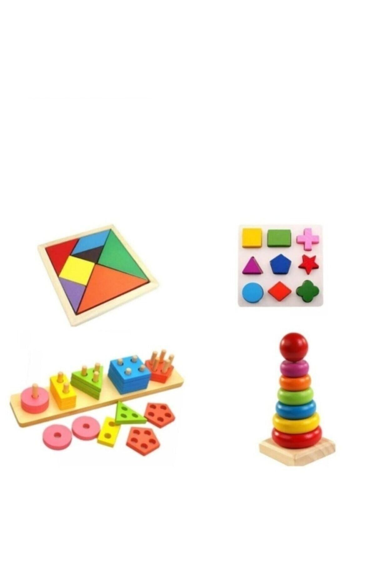 Wooden Toys Ahşap Eğitici Oyuncak Bultak+geometrik Set +tangram+kule 4lü Set