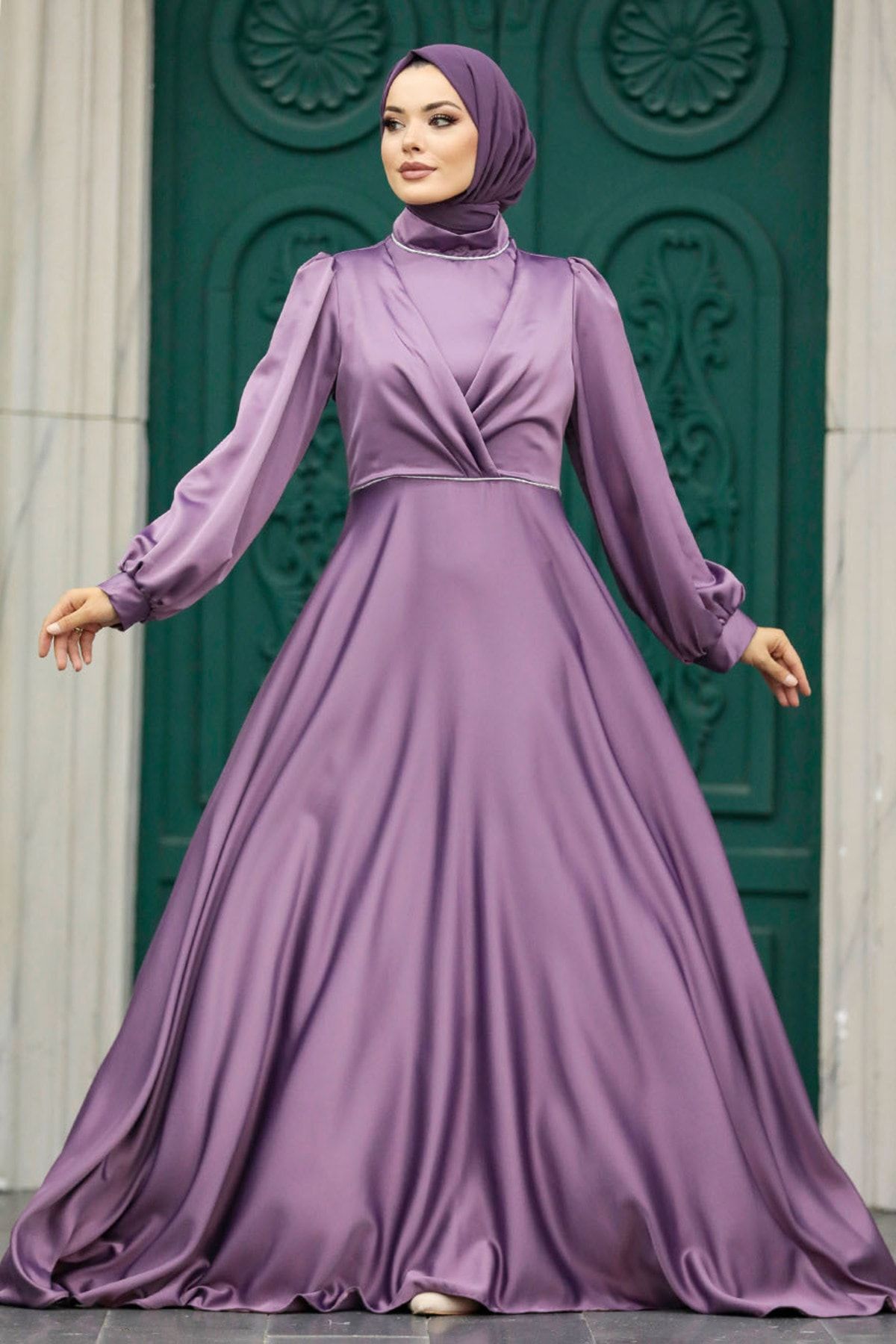 Neva Style Tesettürlü Abiye Elbise - Drape Detaylı Lila Tesettür Saten Abiye Elbise 5926LILA