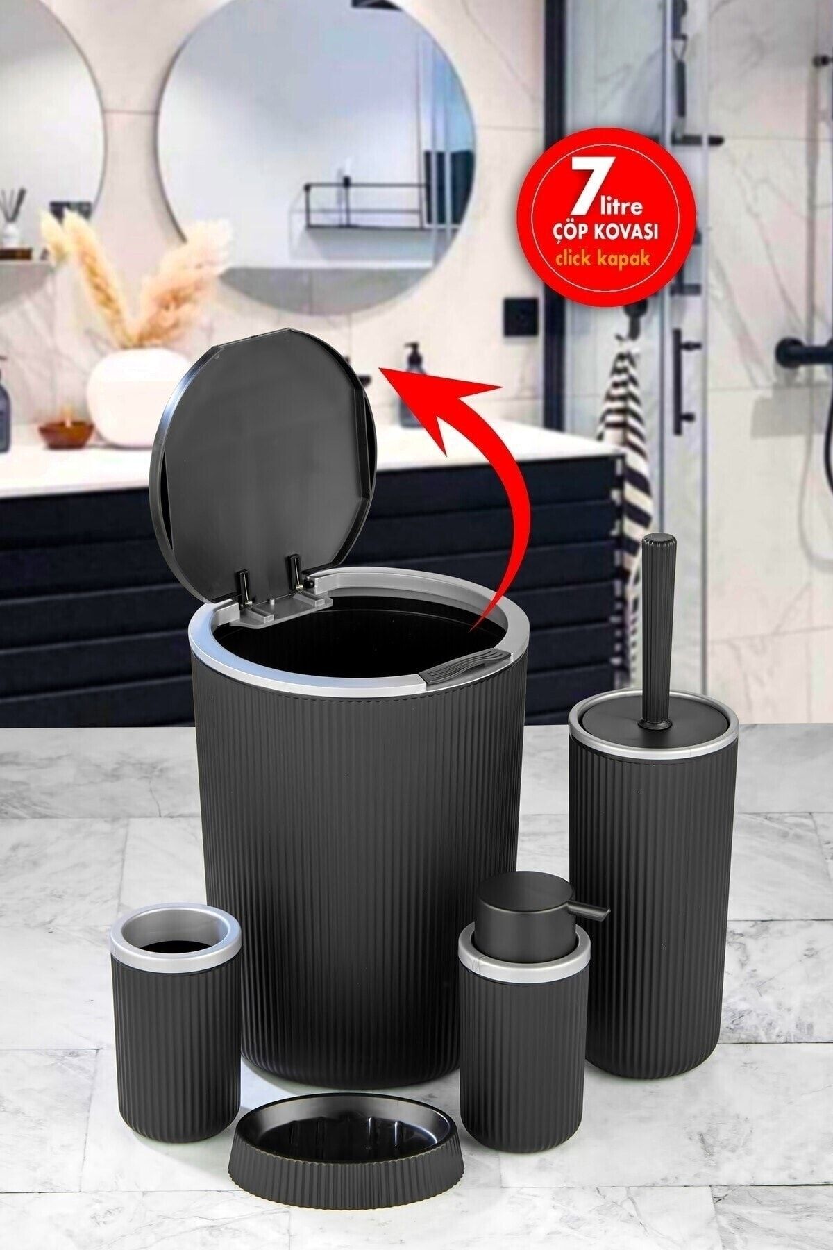 Sas Haus Çöp Kovası Tuvalet Fırçası Sıvı Sabunluk 5 Parça Banyo Seti 7 Litre Siyah Gri