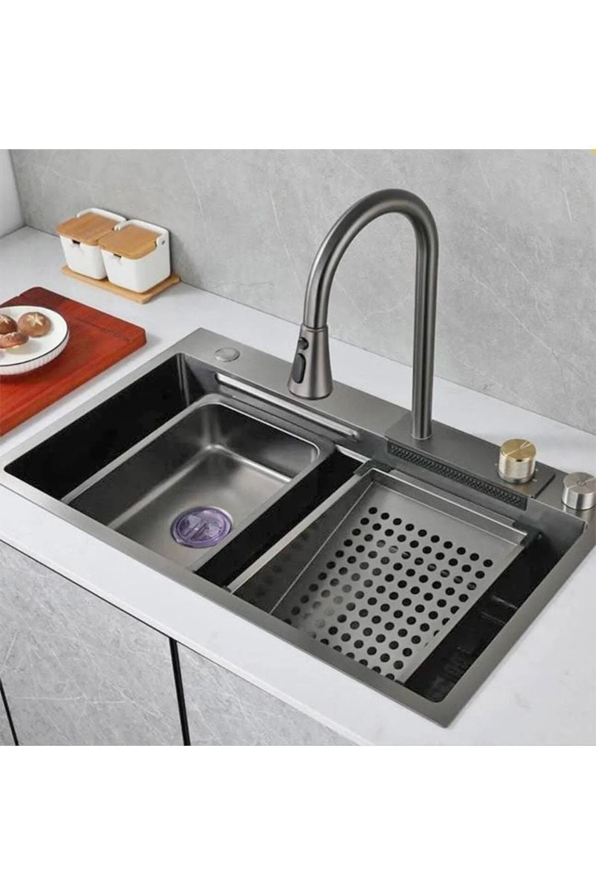 hilal MUTFAK EVYESİ Teknolojik Akıllı Yağmurlama Armatür 75x45x20cm Ankastre Evye Seti evye robot evye