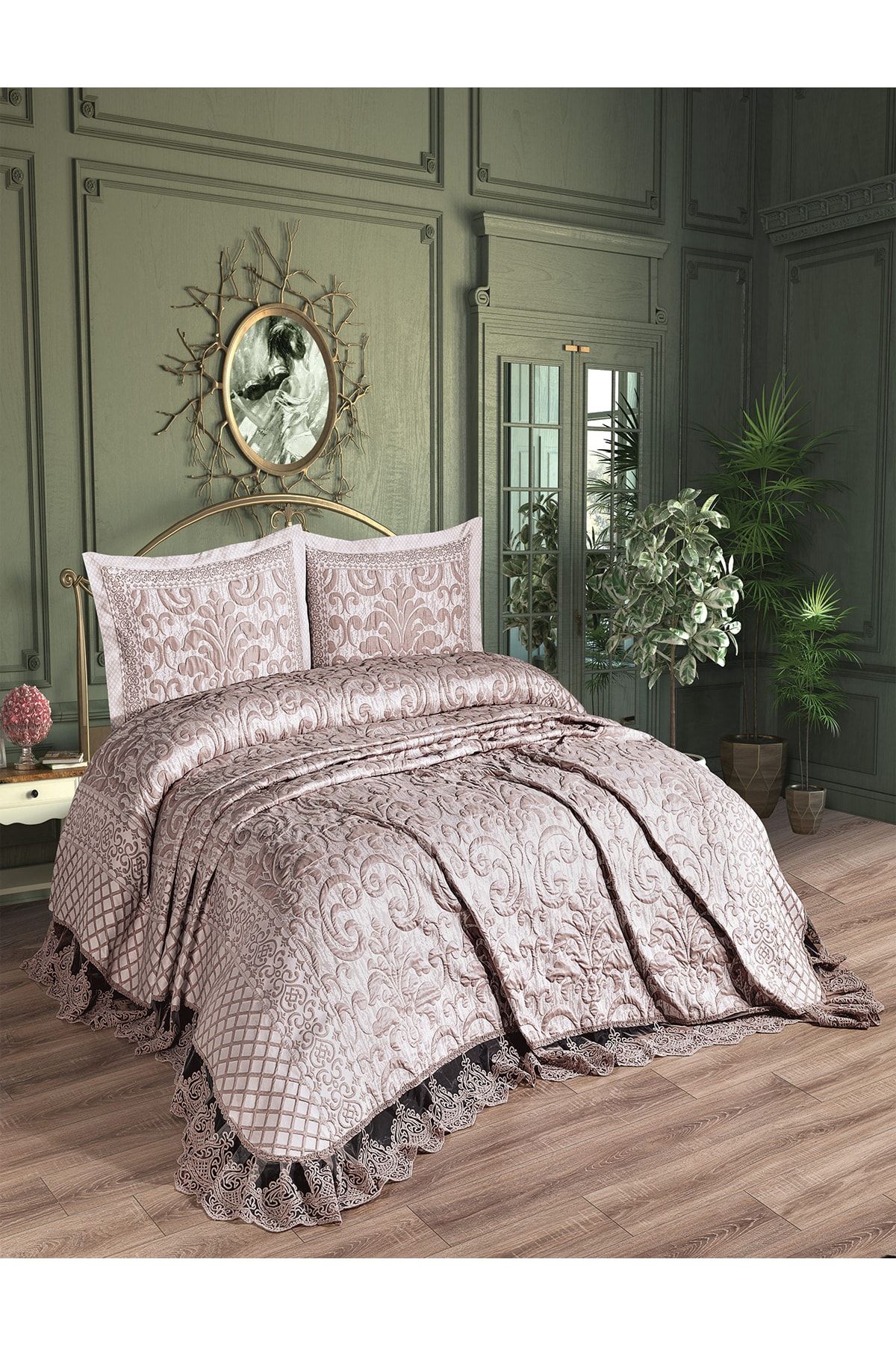 KC HOME TEXTILE Kamila Çift Kişilik Fransız Dantelli Müslin Yatak Örtüsü (260x260) (kapicino)