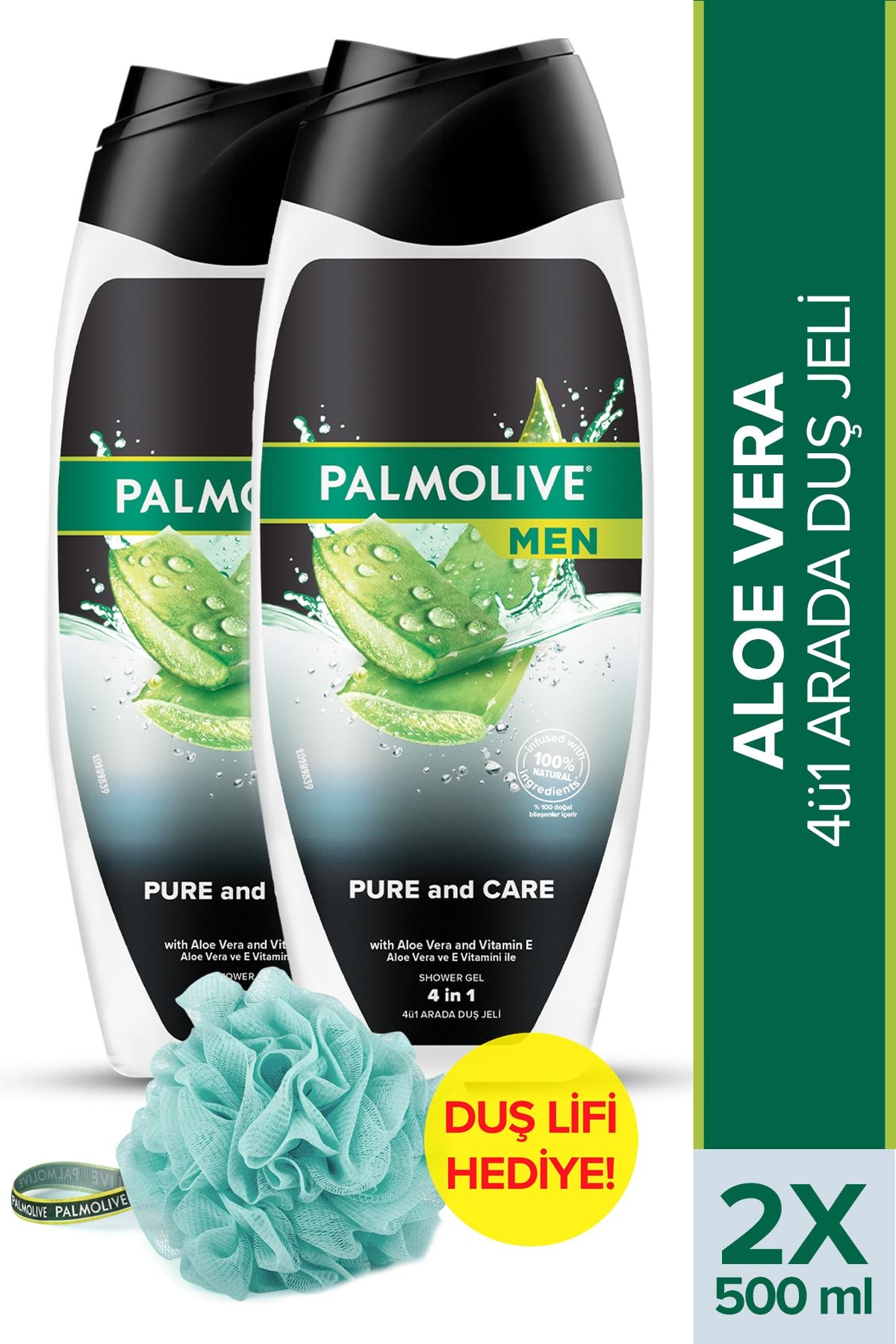 Palmolive Men Pure and Care Aloe Vera ve E Vitamini ile Duş Jeli 500 ml x2 Adet + Duş Lifi Hediye