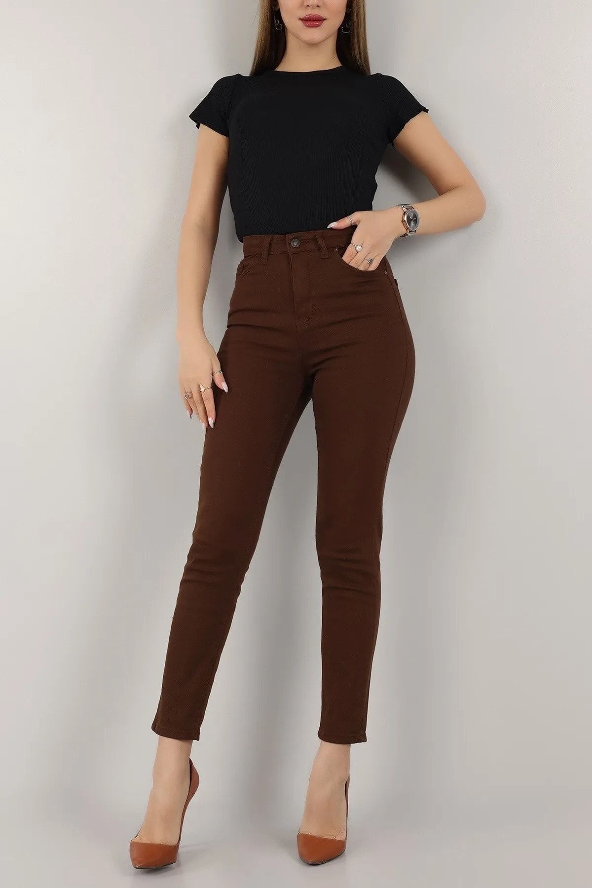 MAKRAS EXCLUSIVE Maria Kadın Koyu Kahverengi Süper Yüksek Bel Comfort Likralı Mom Kot Pantalon Jeans