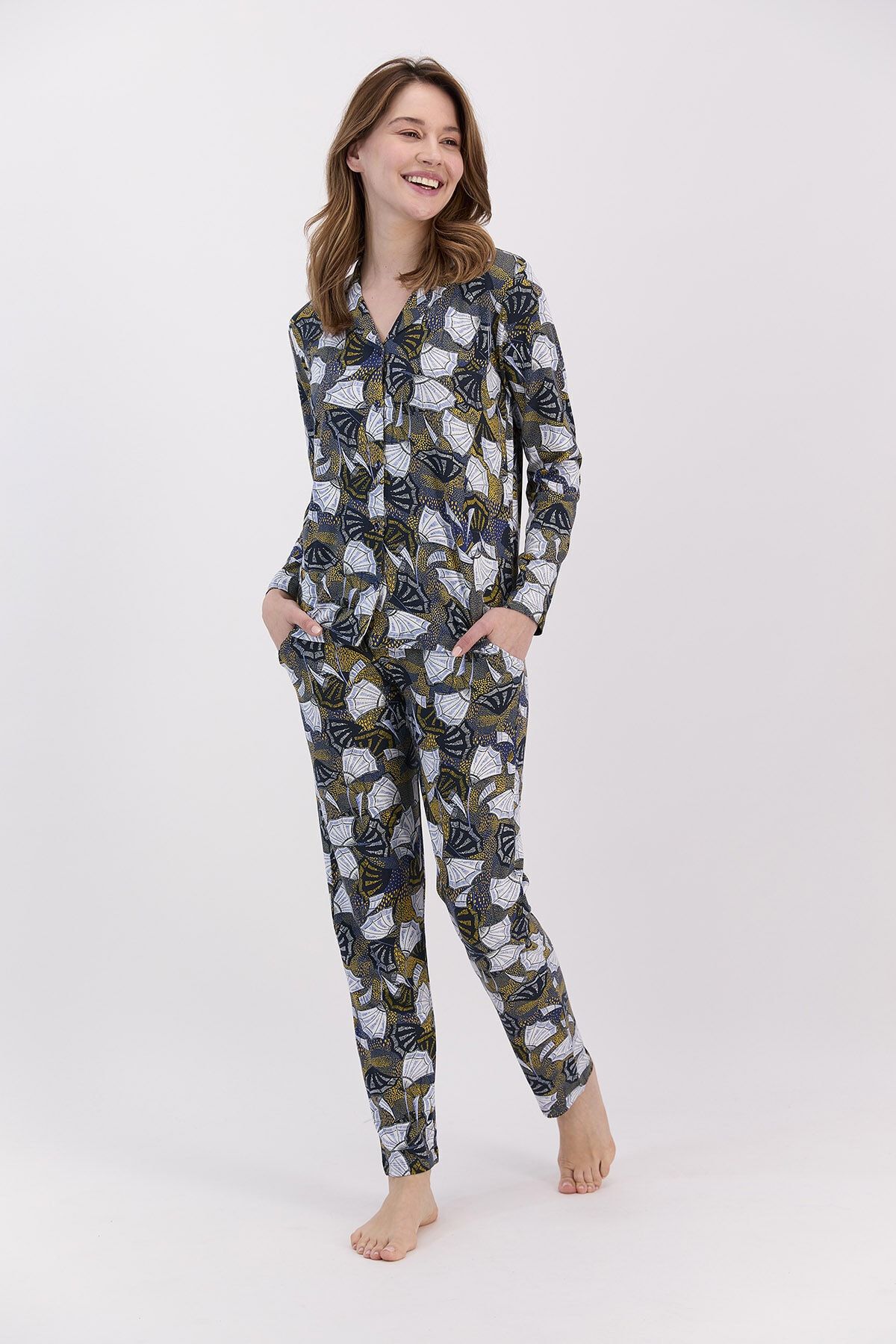 Arnetta Lacivert Yelpaze Desenli Kadın Gömlek Yaka Dügmelı Pijama Takımı