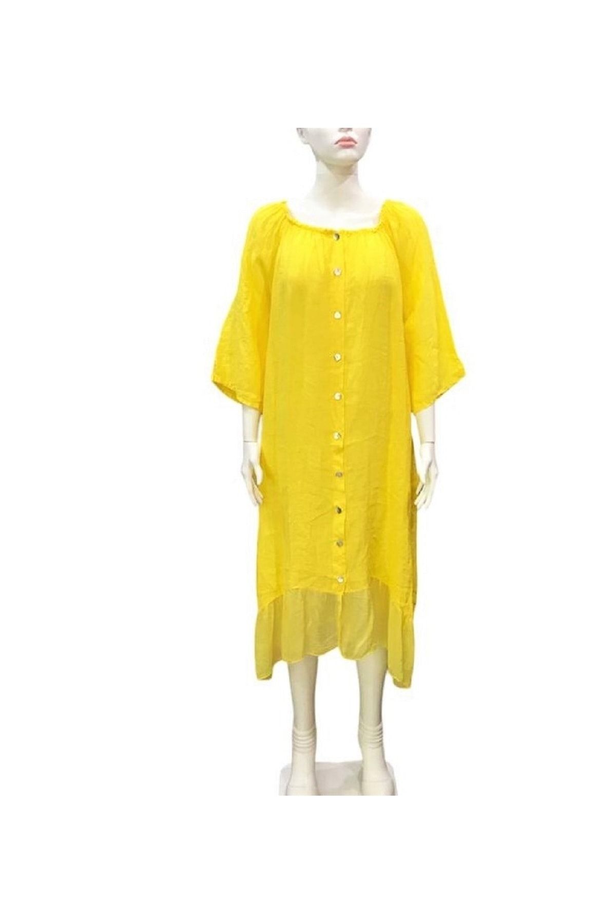 Arven % 100 İtalyan keten sarı cepli elbise