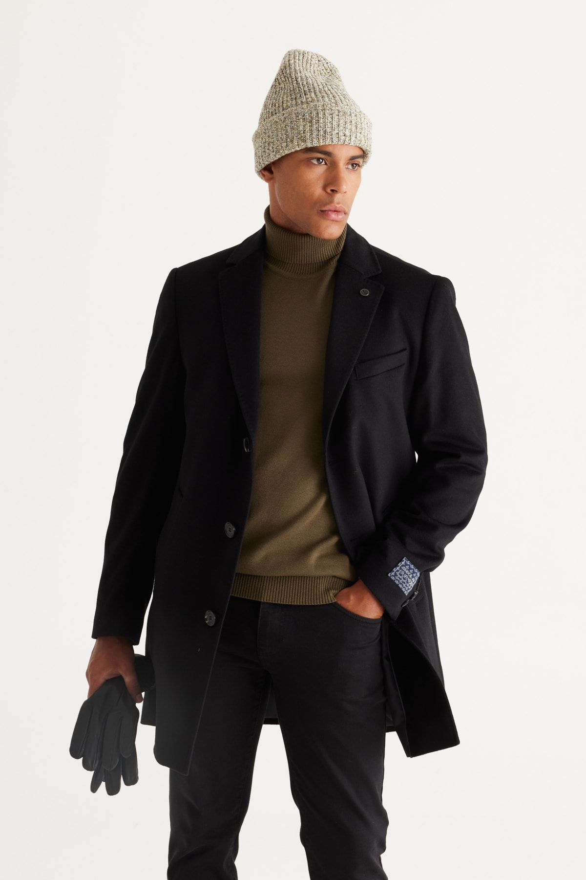 Altınyıldız Classics Erkek Siyah Standart Fit Normal Kesim Mono Yaka Kaşmir Karışımlı Yünlü Palto