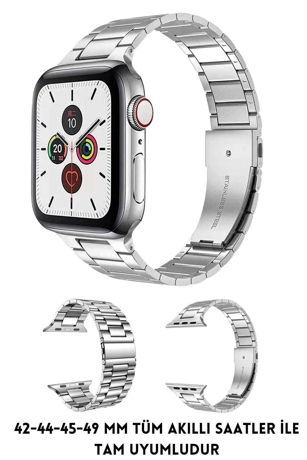 Favors Apple Watch 2/3/4/5/6/7/8/Se/Ultra 42 44 45 49 mm Akıllı Saat Kordonu Çelik Baklalı Metal Kayış