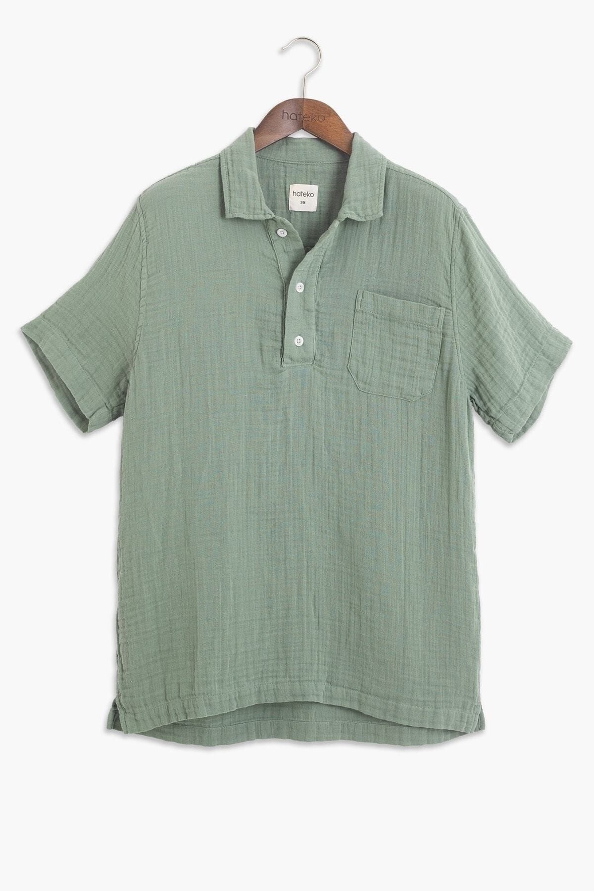 Hateko Pamuk Çağla Yeşili Müslin Polo Yaka Tişört