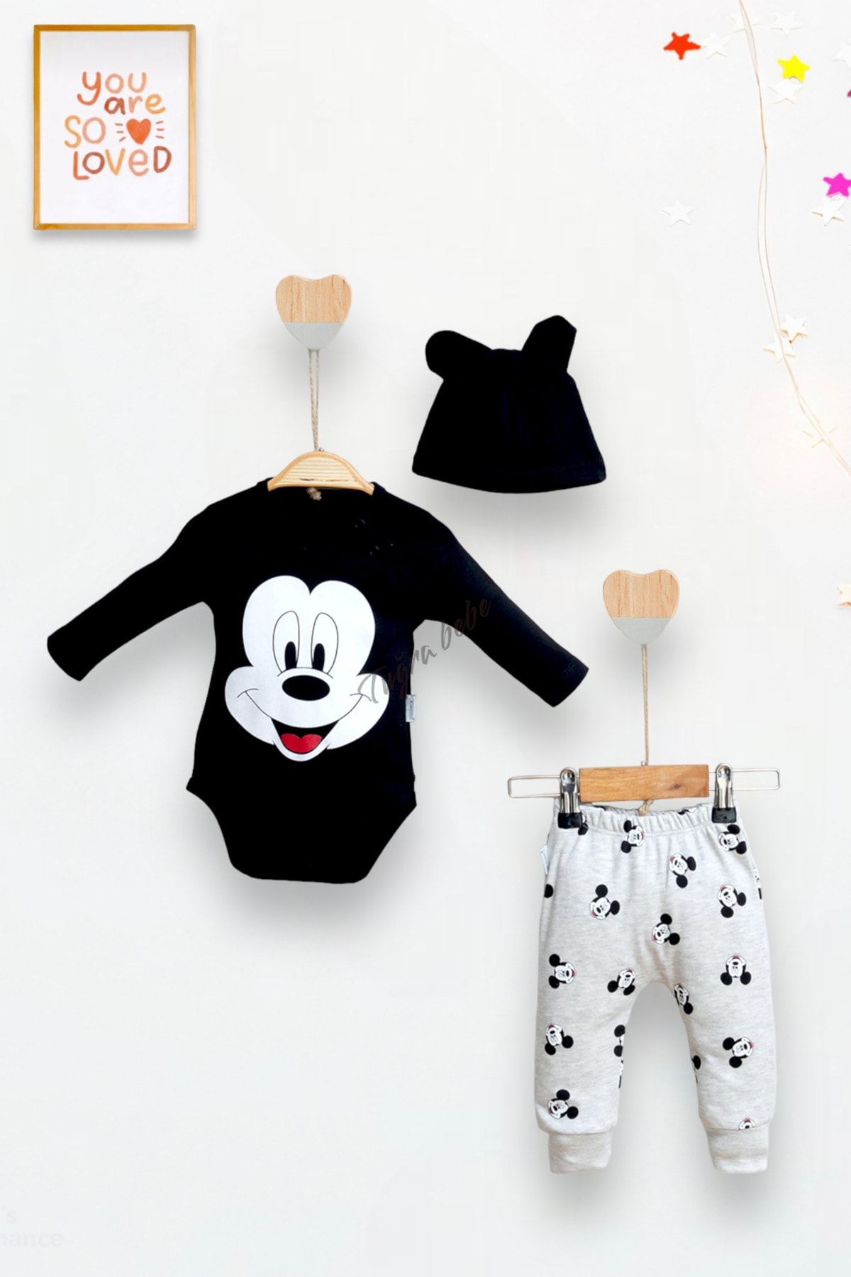 Tuğra Mickey Mause Zıbınlı Şapkalı Ayaklı Pijama 2\'li Bebek Takım
