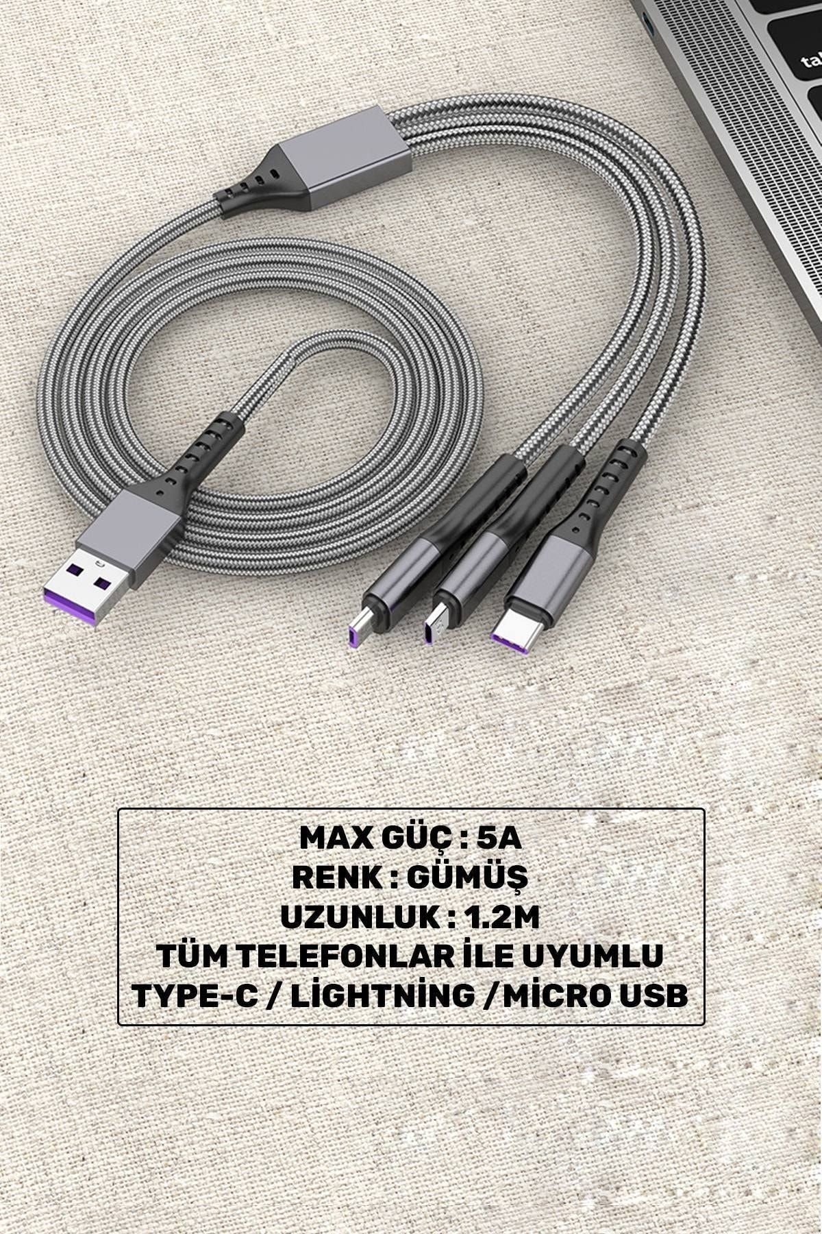 HTM Yapı Huawei Xiaomi Samsung Iphone Uyumlu 5A Örgü Hasır Çoklu Şarj Kablosu Type-c Micro Lightning