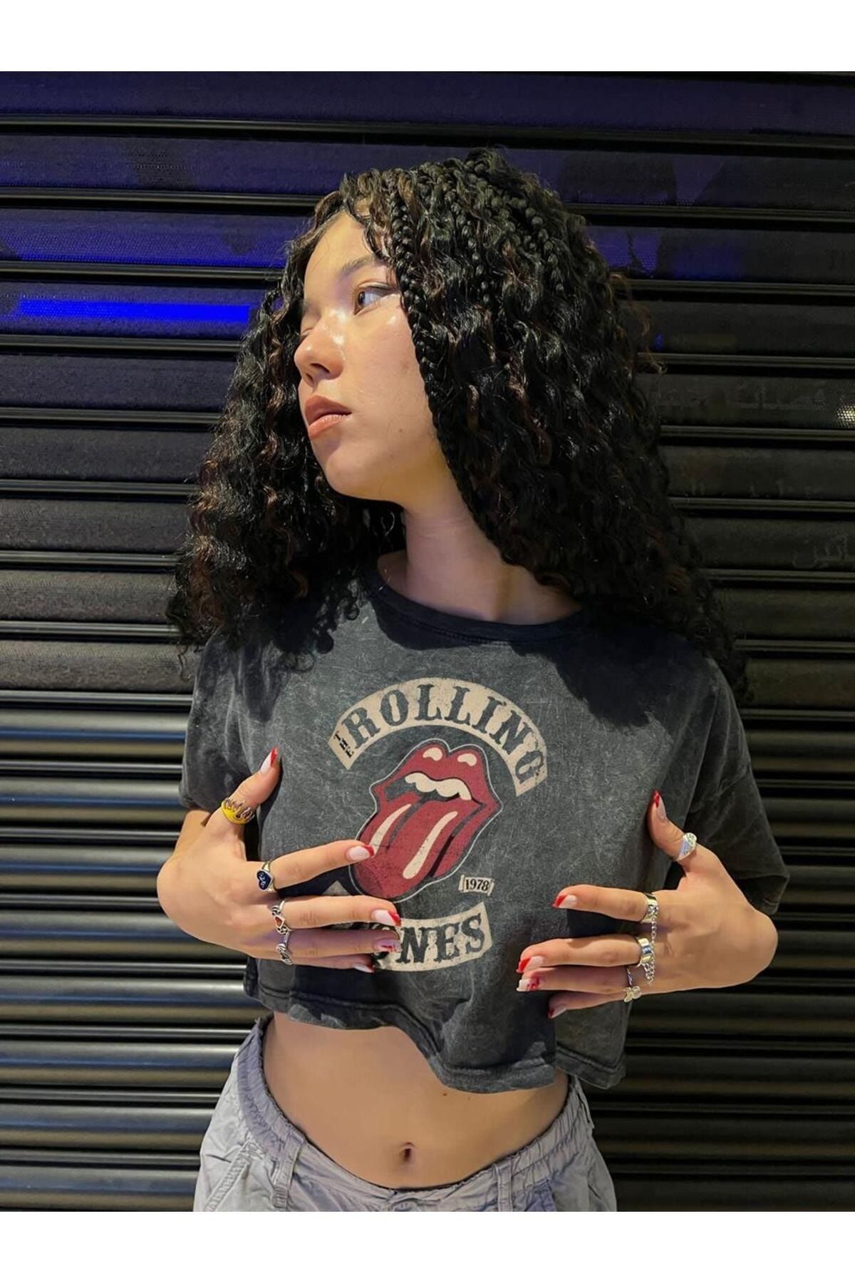 Toum gzm Rolling Stones Baskılı Vintage Yıkamalı Oversize Crop