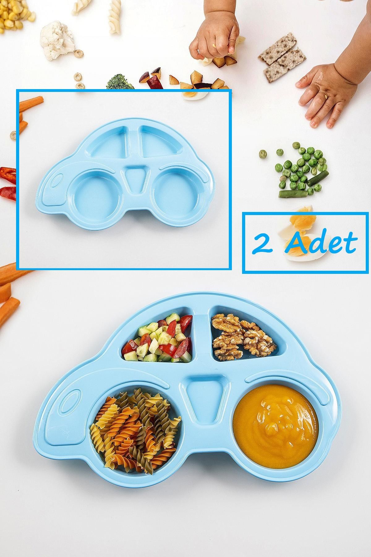 Bayev 2'li Araba Model Mama Tabağı ( 2 Adet Mavi) Bebek Ve Çocuk Bölmeli Yemek Tabağı