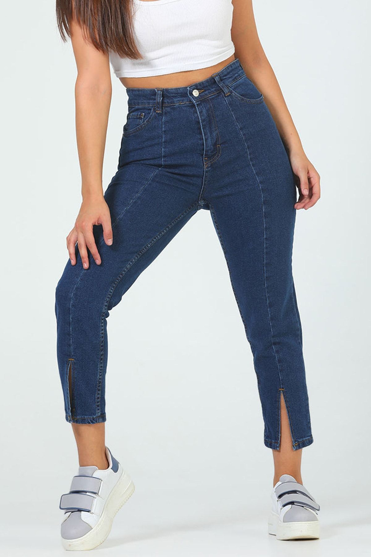 Julude Lacivert Kadın Yüksek Bel Ön Yırtmaç Detaylı Jeans Pantolon