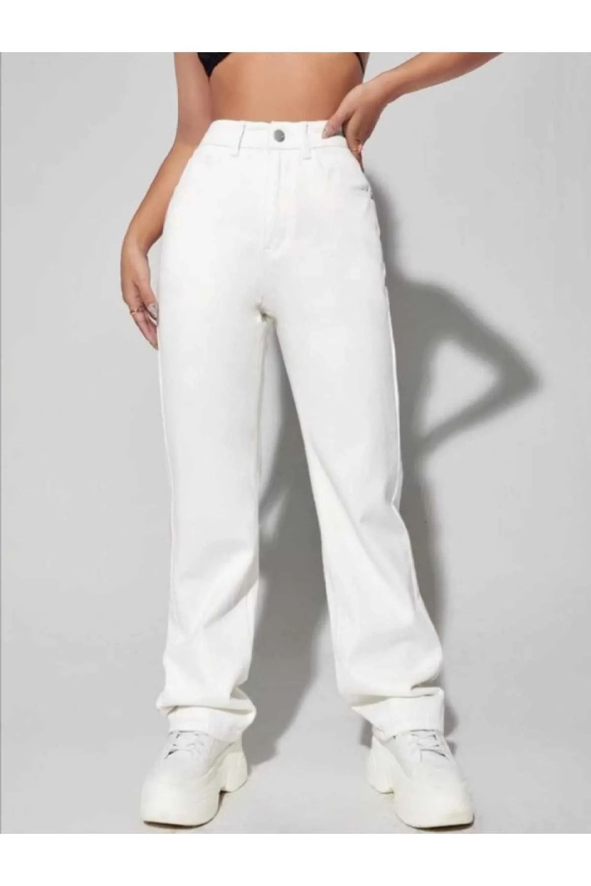 LİMABEL Beyaz Yüksek Bel Salaş Jeans Beyaz Geniş Kot Pantolon %100 Natural Pamuk