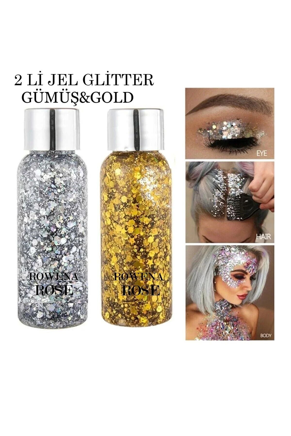 ROWENAROSE Jel Formlu Parlak Glitter Face Makeup & Body & Hair Gold Ve Gümüş Renk 2 Li Set