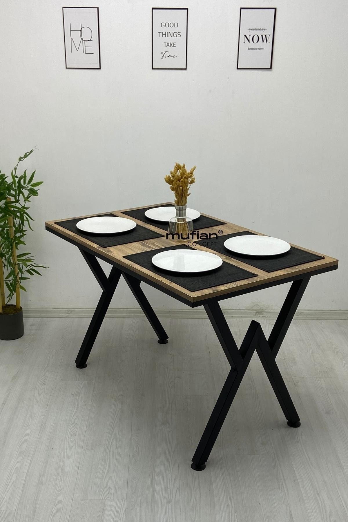 Mufian Concept 80 X 120 Cm Atlantik Çam - V - Metal Ayaklı Mutfak Masası Yemek Masası Balkon Masası Çalışma Masası