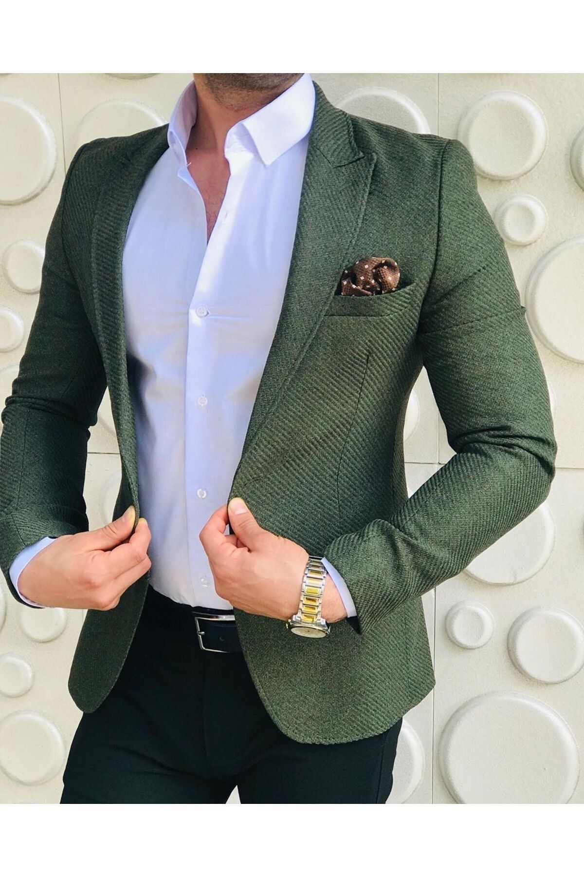 leonmen Erkek Yeşil İtalyan Stil Slim Fit Blazer Tek Ceket