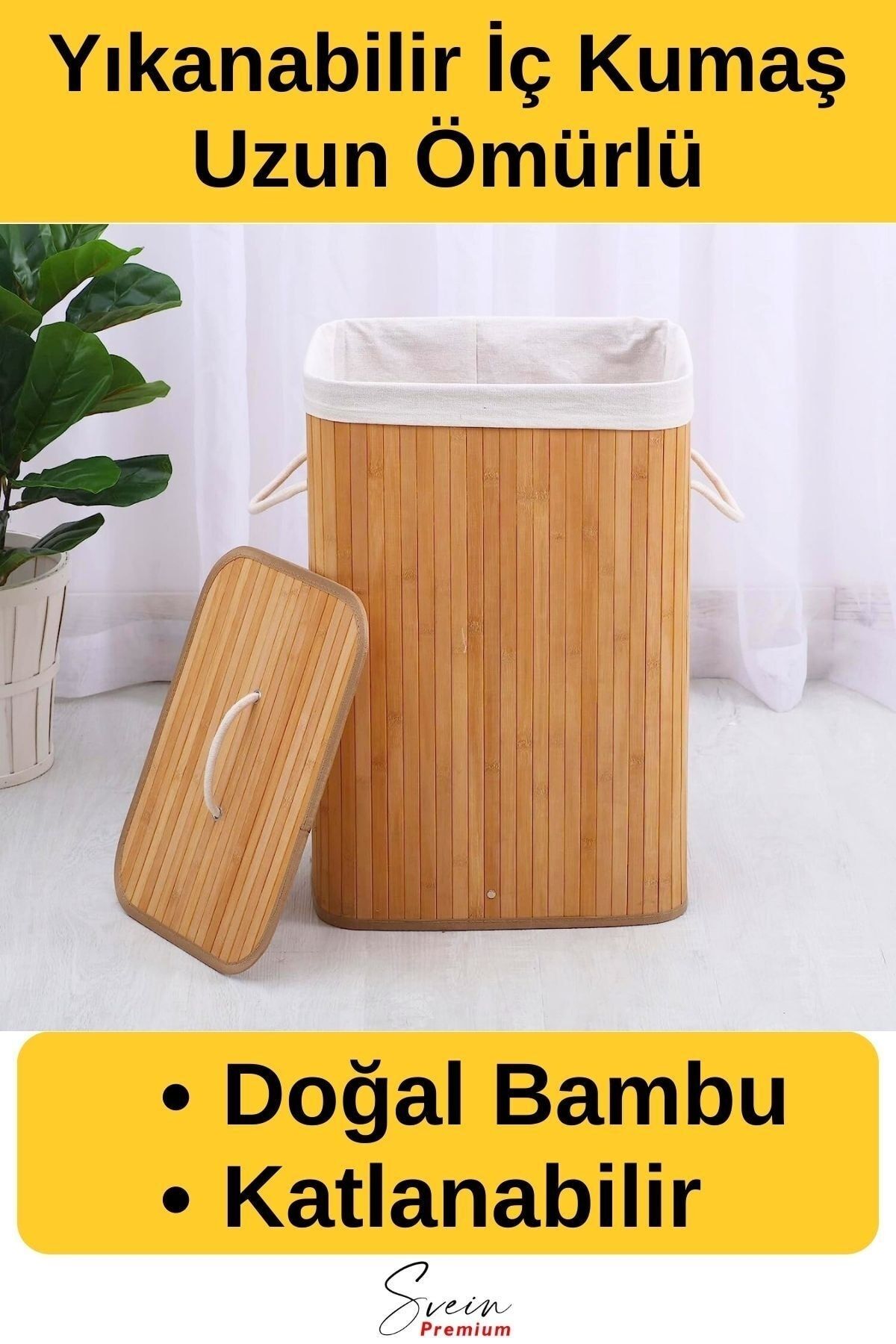 Svein Kapaklı El Yapımı Dekoratif Modern Doğal Ahşap Bambu Banyo Kirli Çamaşır Sepeti 40 X 30 X 60 Cm