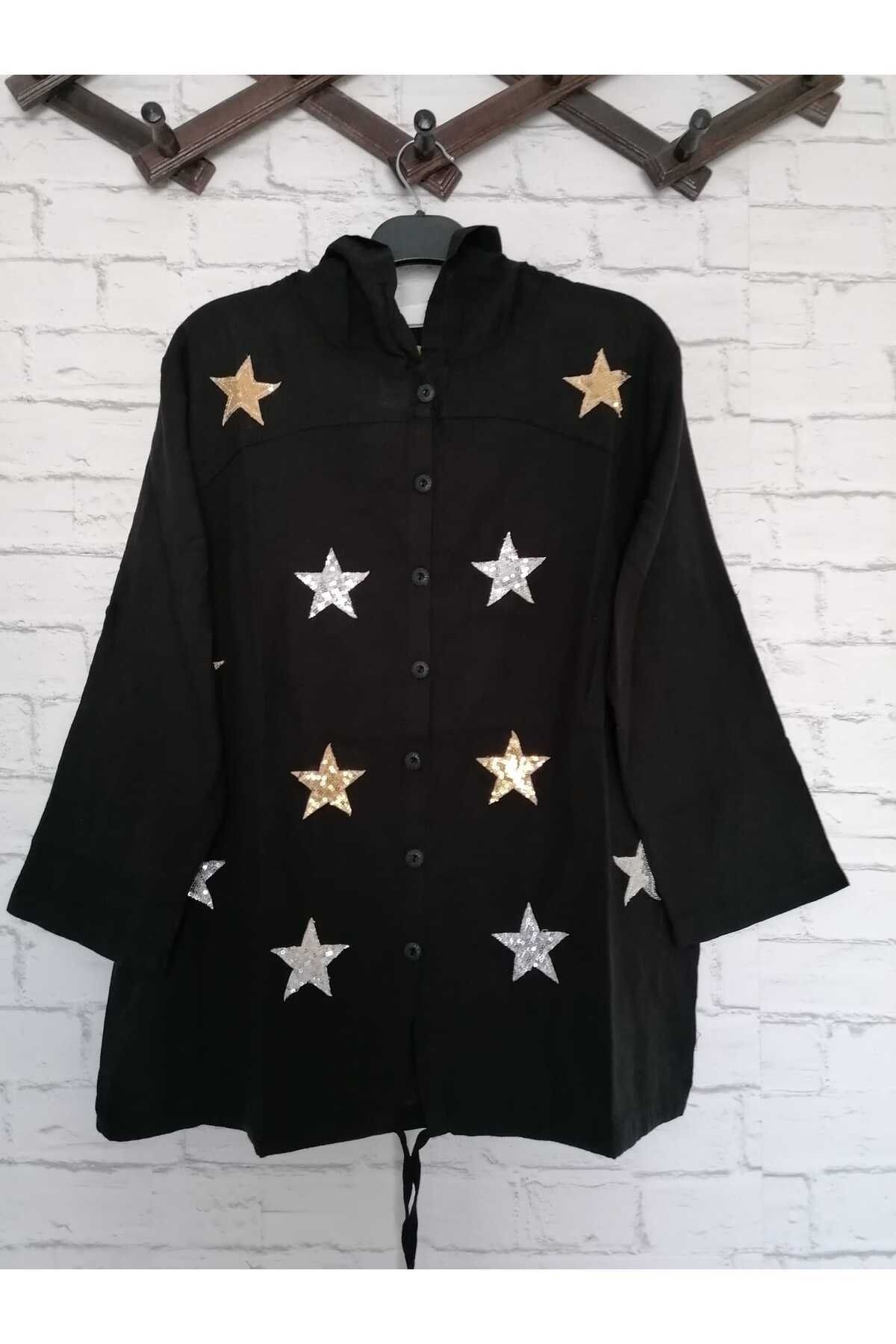 anne moda ankara Kapüşonlu ışıltılı, yıldız desenli, altı bağcıklı, truvakar kollu spor ceket/hırka