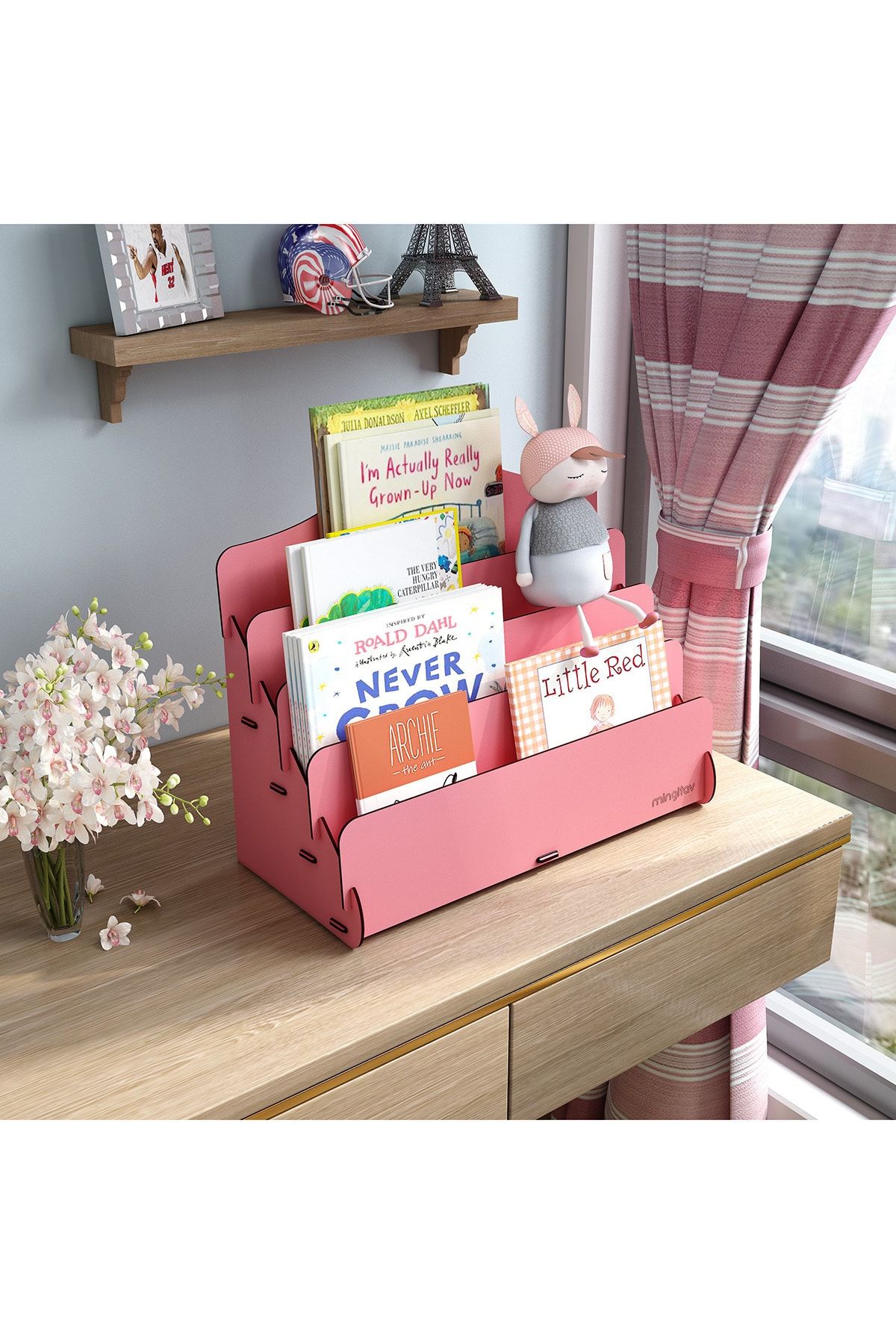 Mingitav Mini Lucky 4 Raflı Ahşap Masaüstü Mini Kitaplık Montessori Çocuk Kitaplığı Çocuk Odası Kitaplık
