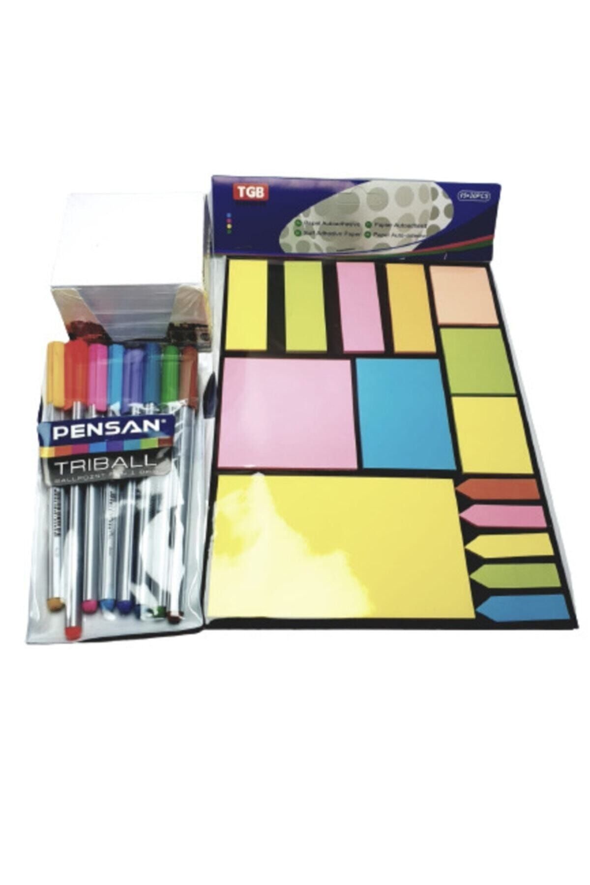 Pensan Küp Not Kağıdı+ Tgb A-4 Yapışkanlı Not Kağıdı Belirteç Postit+ Triball Tükenmez Kalem Renkli