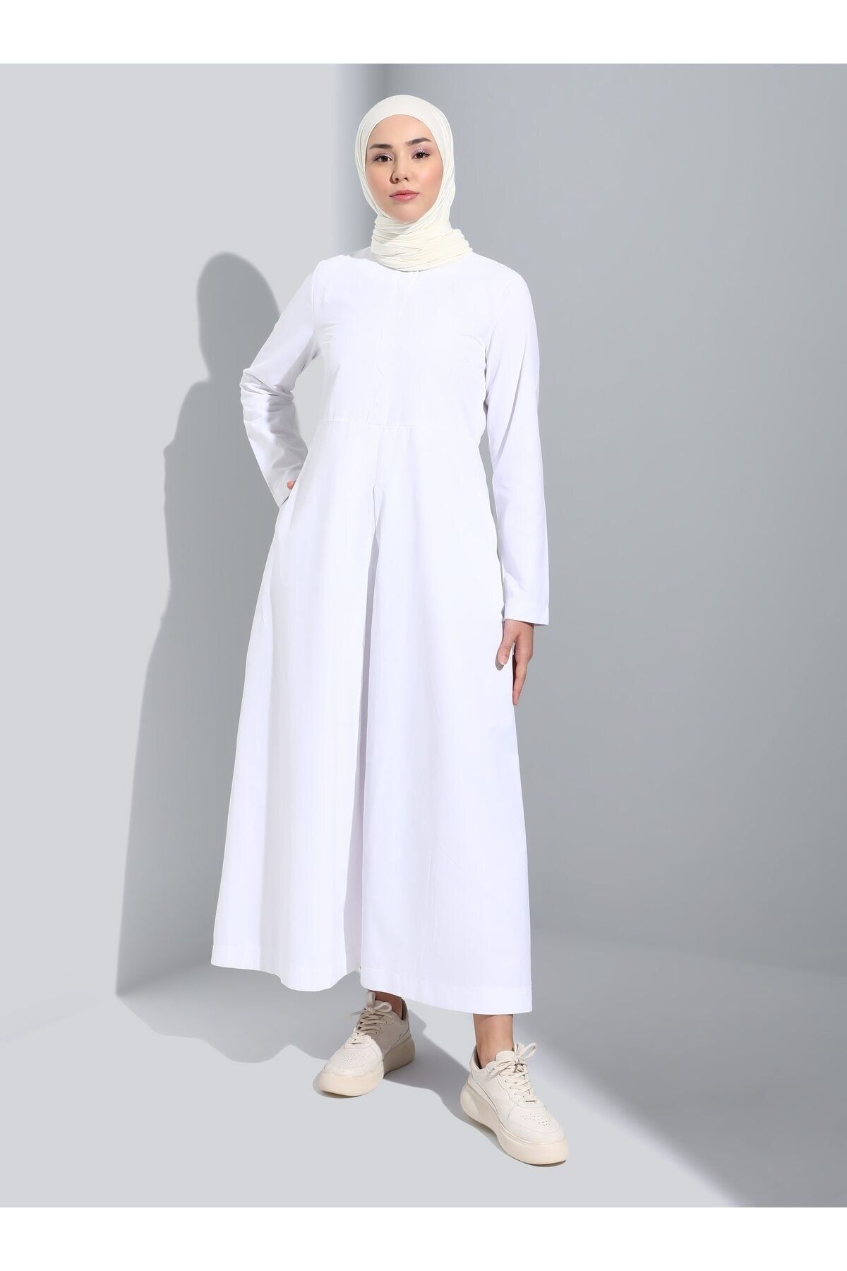 Refka Gizli Düğme Poplin Detaylı Tesettür Elbise - Off White - Refka Basic