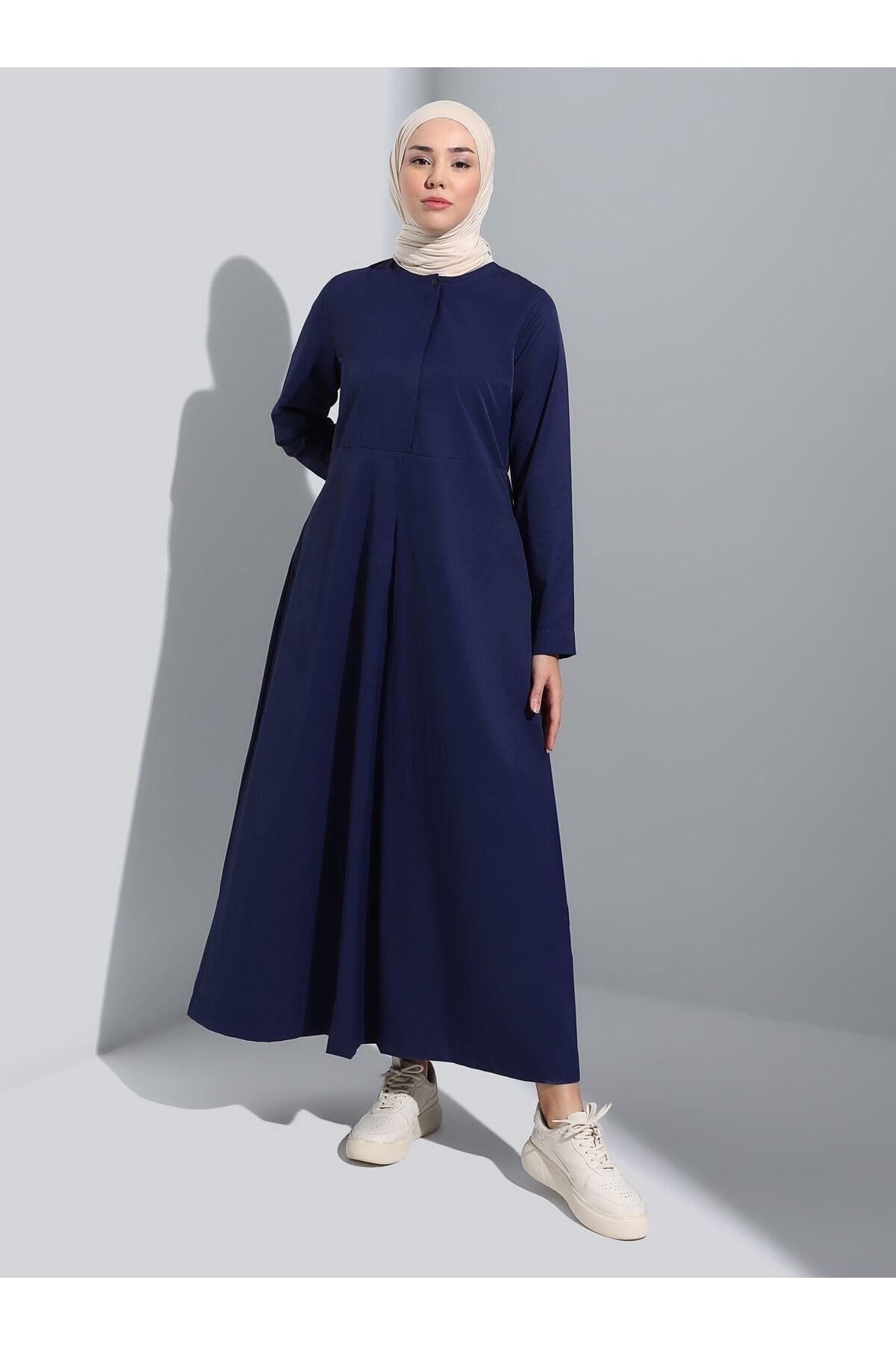 Refka Gizli Düğme Detaylı Poplin Tesettür Elbise - Lacivert - Refka Basic