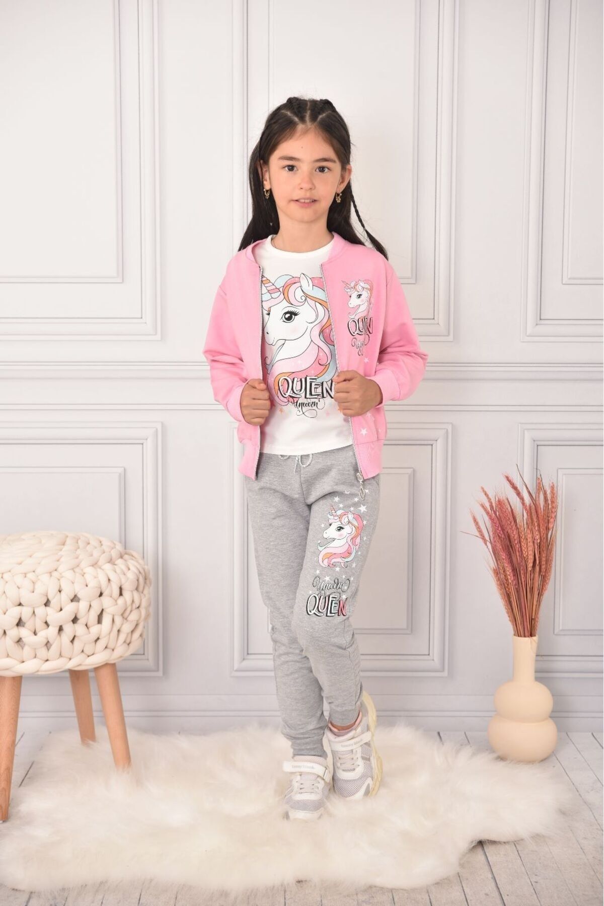 PICCALİLLY Kız Çocuk Ünicorn Desenli Hırka - Sweatshirt - Tayt Penye 3'lü Takım